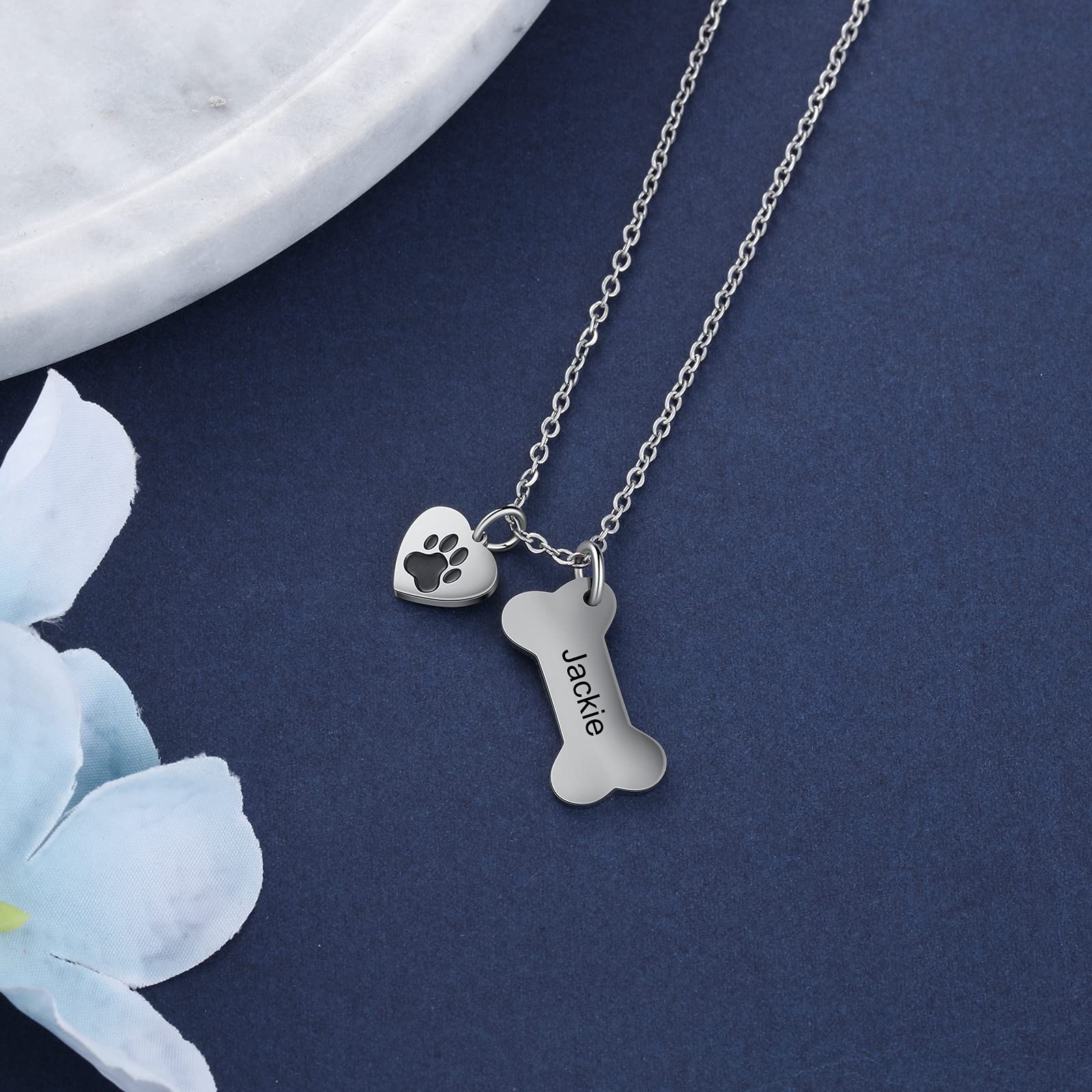 Albertband Personalized Dog Bone And Paw Charm Pendant-Dog Bone Memorial Necklace Custom Name Necklace Engrave Your Pets Name Ch
