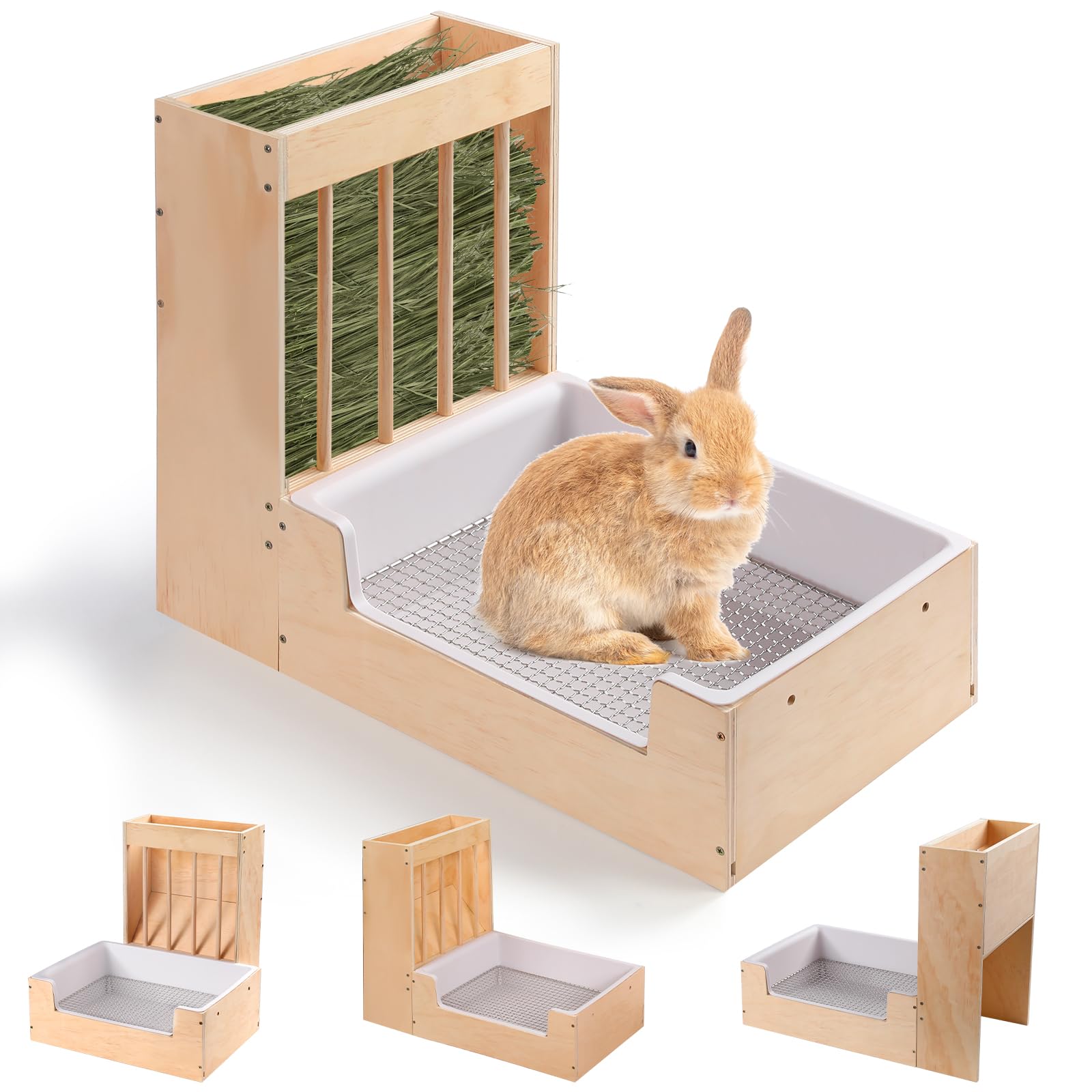 Essenhome Large 2-In-1 Rabbit Hay Feeder & Litter Box Set, Wood, Mess Proof, For Guinea Pigs, Chinchillas, Hamsters, And Rabbits