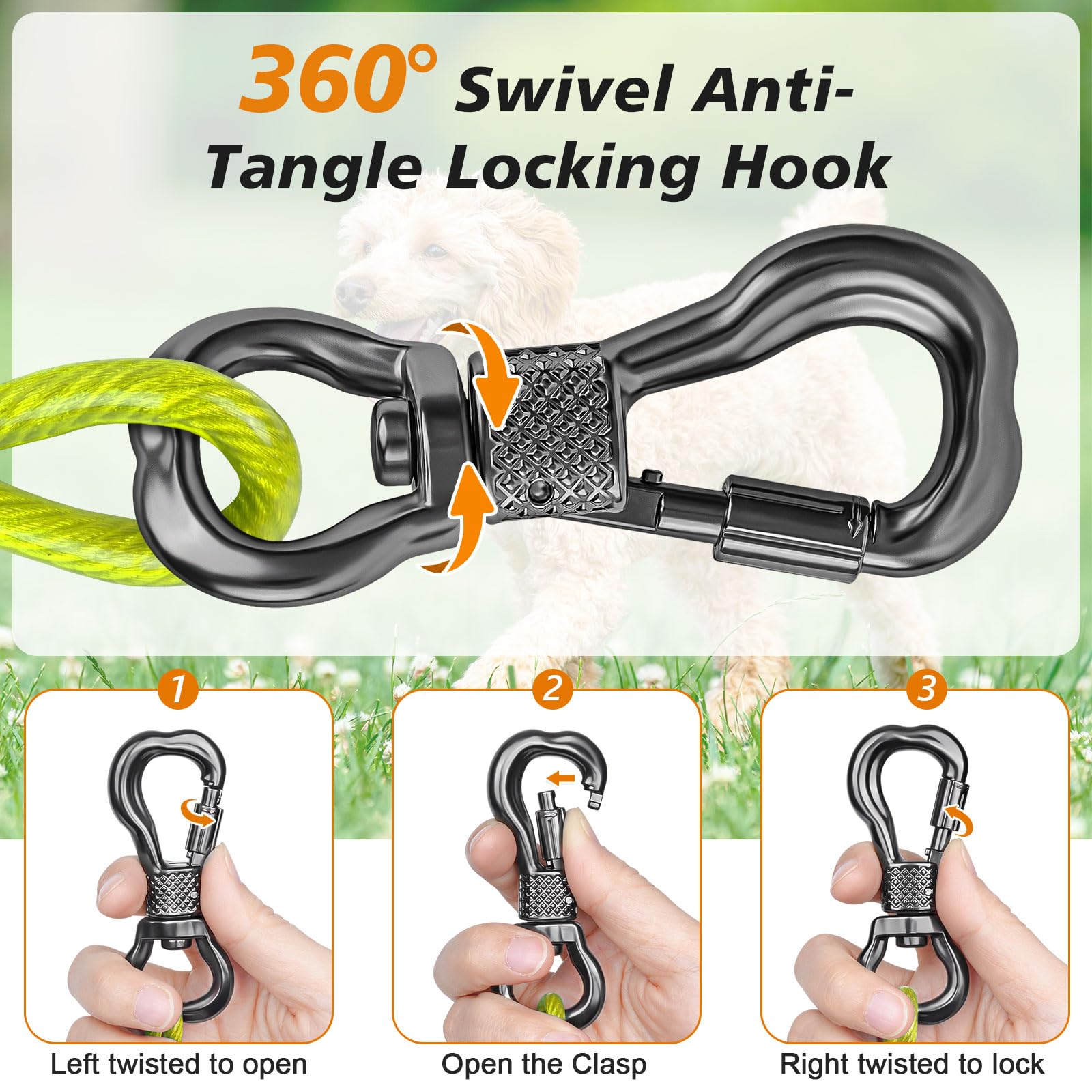 Tresbro 20Ft Dog Tie Out Cable, Heavy Duty Dog Chains For Outside With Spring Swivel Lockable Hook, Pet Runner Cable Leads For Yard, Green Dog Line Tether For Small Medium Large Dogs Up To 500 Lbs
