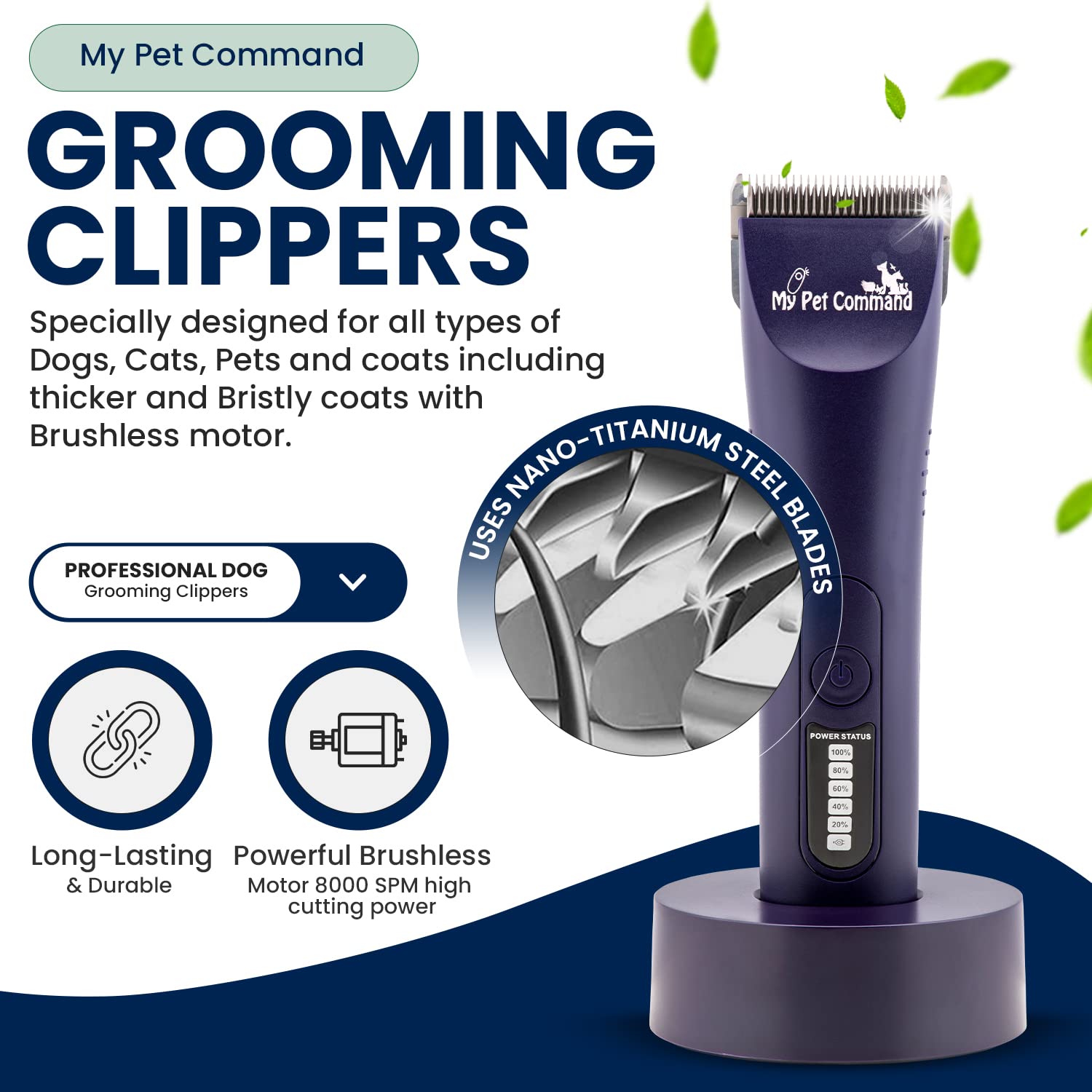 My Pet Command Professional Dog Grooming Clipper - Cordless, Low Noise, Heavy Duty, Model MPC15DS, Purple