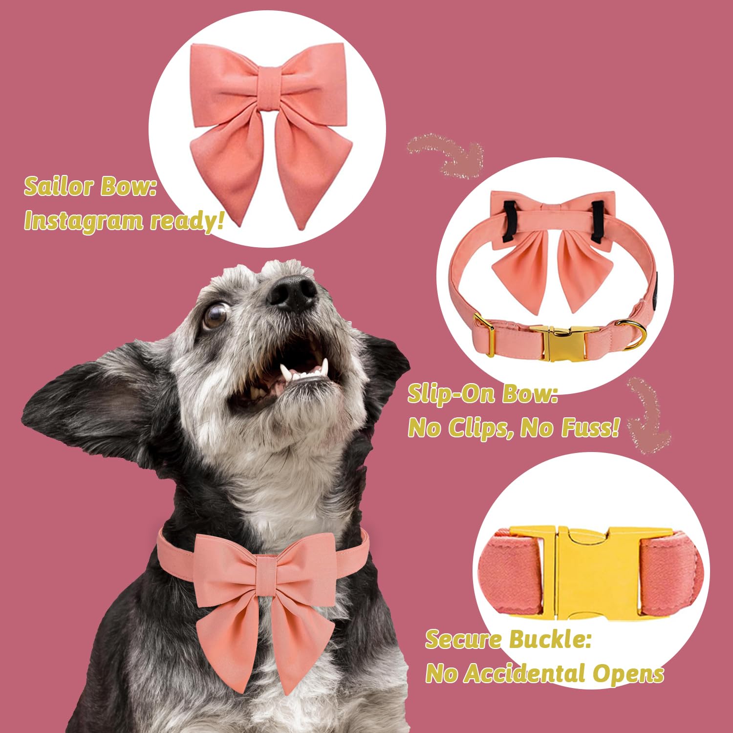 Maca Bates Dog Collar With Bow Bowtie For Dogs Solid Colors Sailor Bow Tie Adjustable Breakaway Girly Pink Collars Birthday Gift