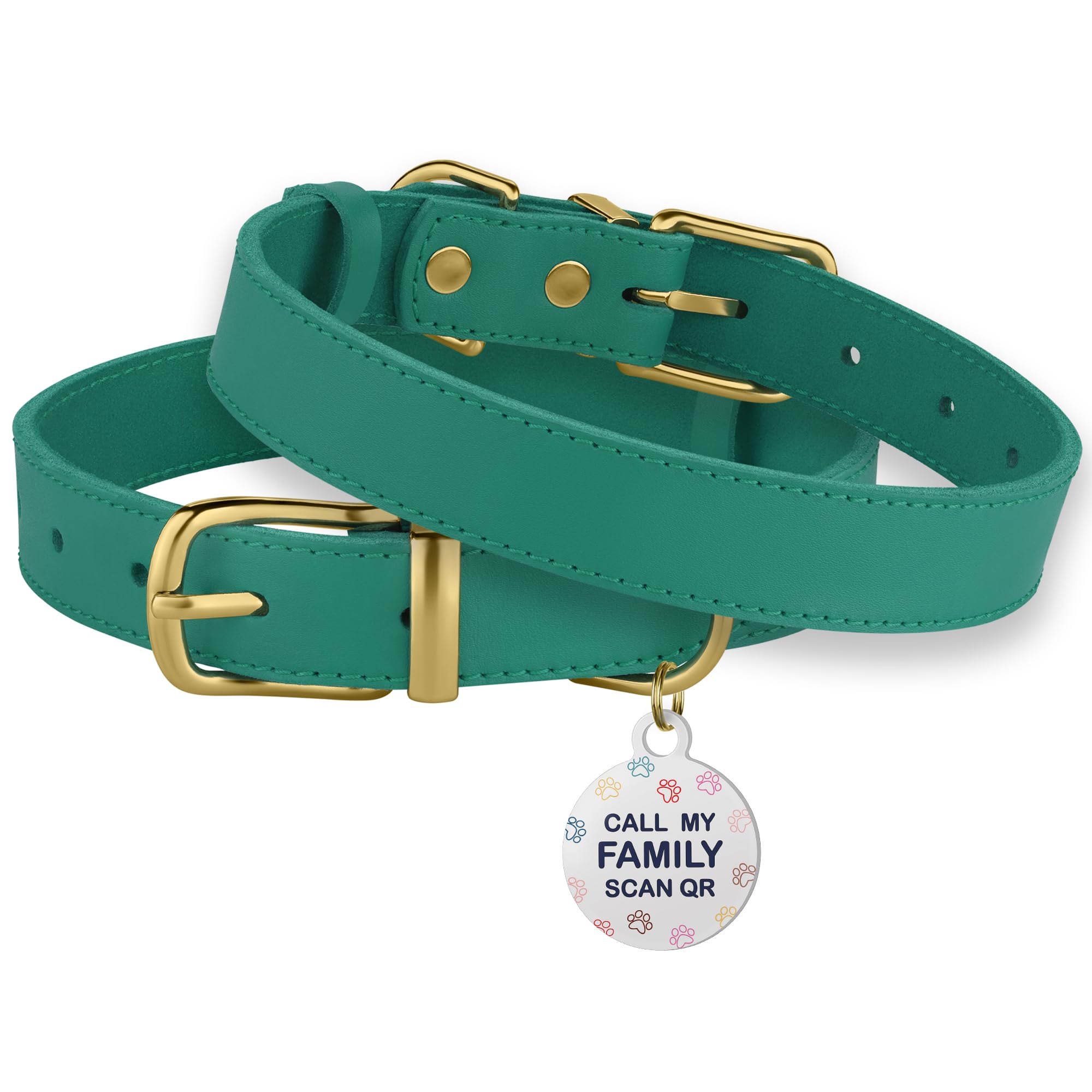 Bronzedog Leather Dog Collar With Qr Id Tag Basic Pet Collars For Small Mini Dogs Cats Puppies (7-9 Inch (Pack Of 1), Green & Gold Buckle)