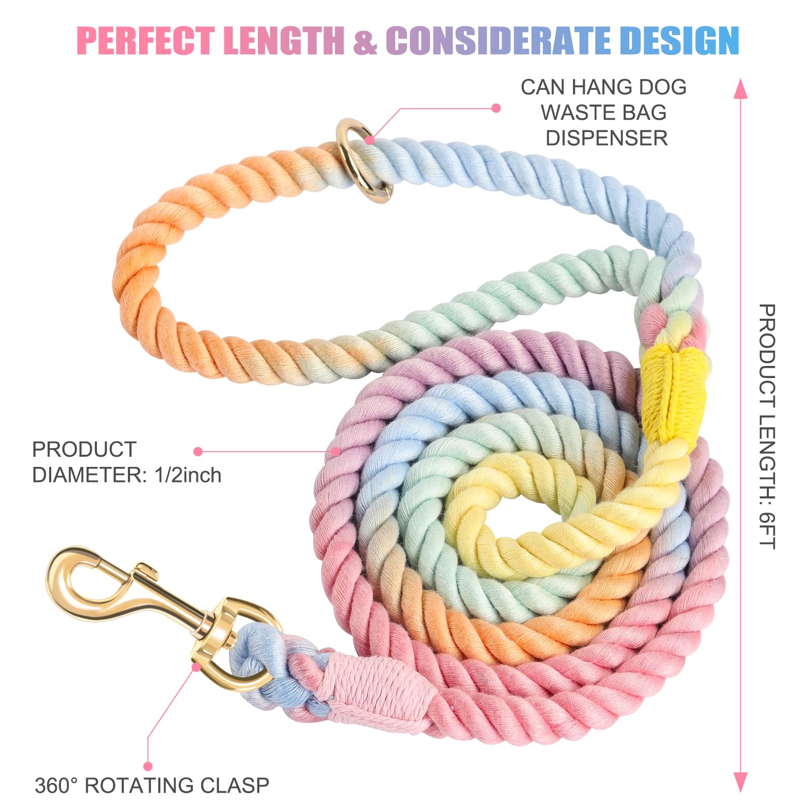 NUGUTIC Handmade Braided Cotton Rope Leash with Heavy Duty Metal Clasp, Cute Wedding Dog Leash (Colorful Macaron, 6 FT)