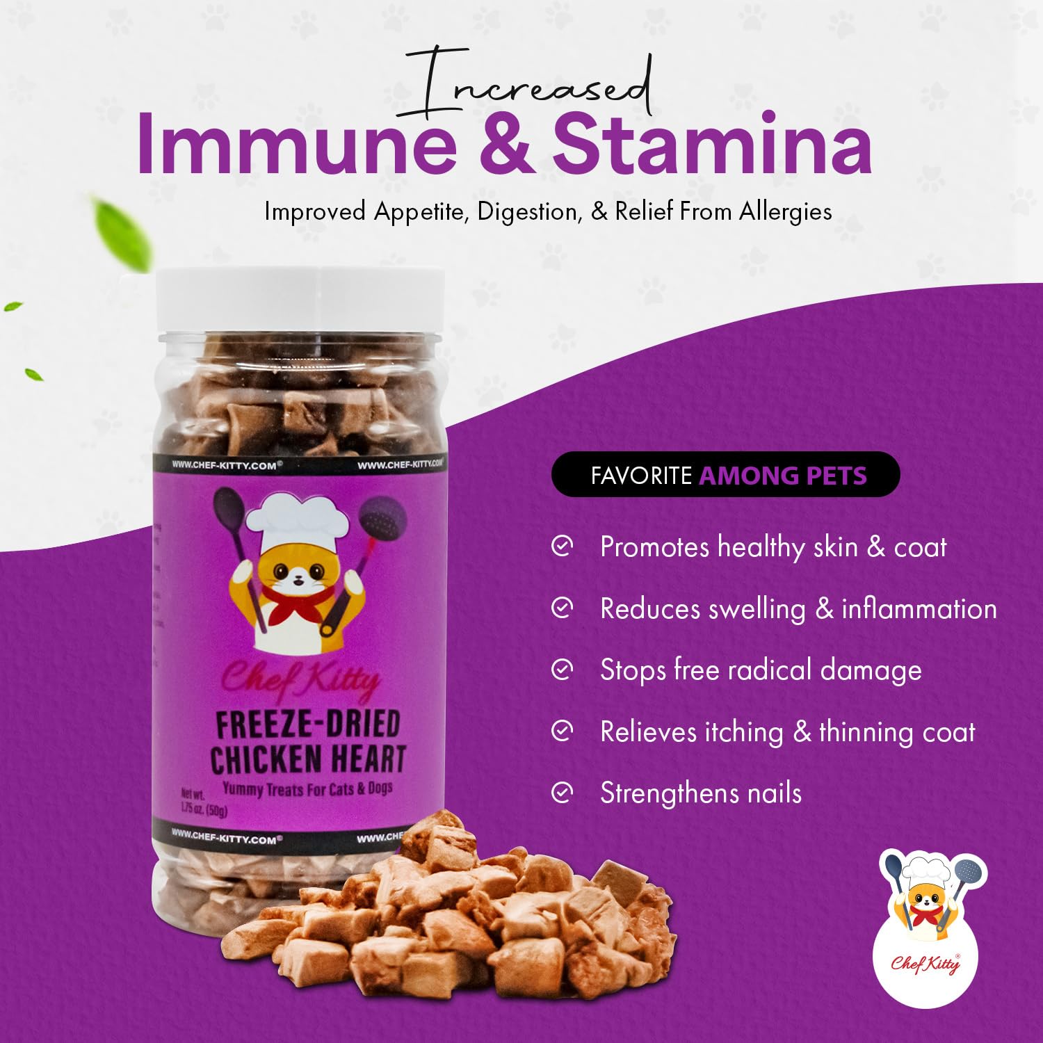Chef Kitty Freeze-Dried Chicken Heart Treats for Cats & Dogs - 100% Human Grade, Single Ingredient, High-Protein, Healthy Snack