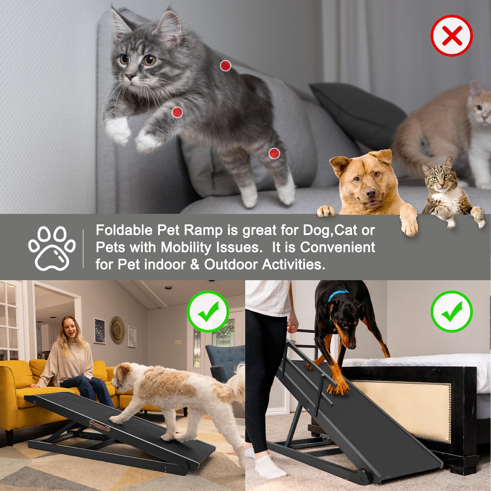 Aboron Antislip Folding Dog Ramp, Adjustable Pet Ramp For Bed/Couch/Car, Rubber Mat With High Traction, Great For Small & Large