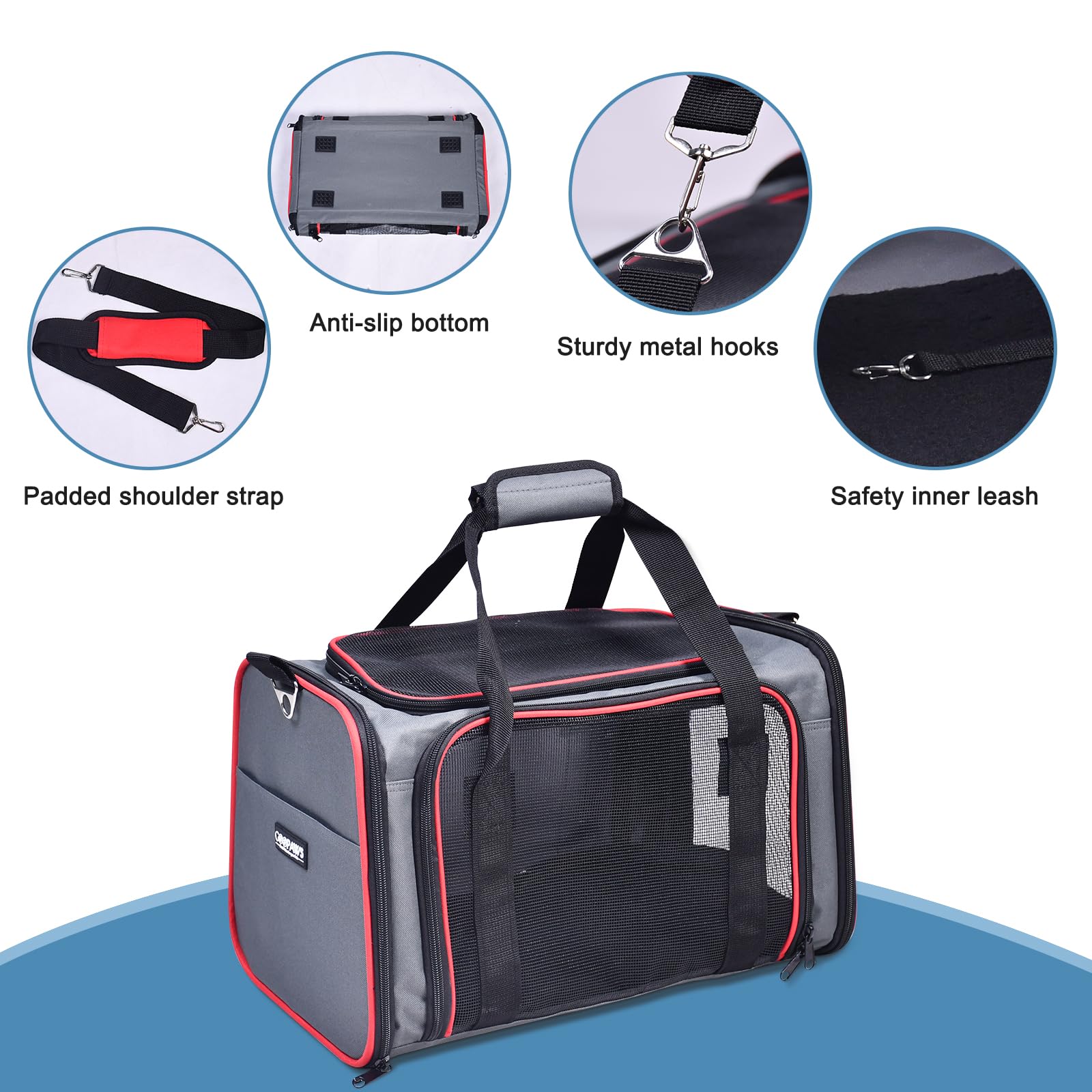 GOOPAWS Soft-Sided Kennel Pet Carrier for Small Dogs & Cats, Medium 17"x10"x11.5", Grey/Red, Airline Approved, Nylon, Model PTC