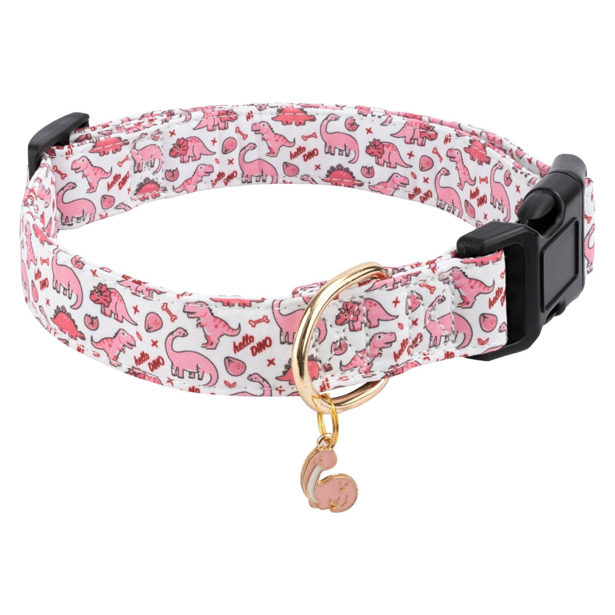 Gelwoo Cotton Dog Collar,Soft and Cute Puppy Collars with Pink Dinosaur Patterned Design for Girl Female Boy Dogs,Adjustable Buc