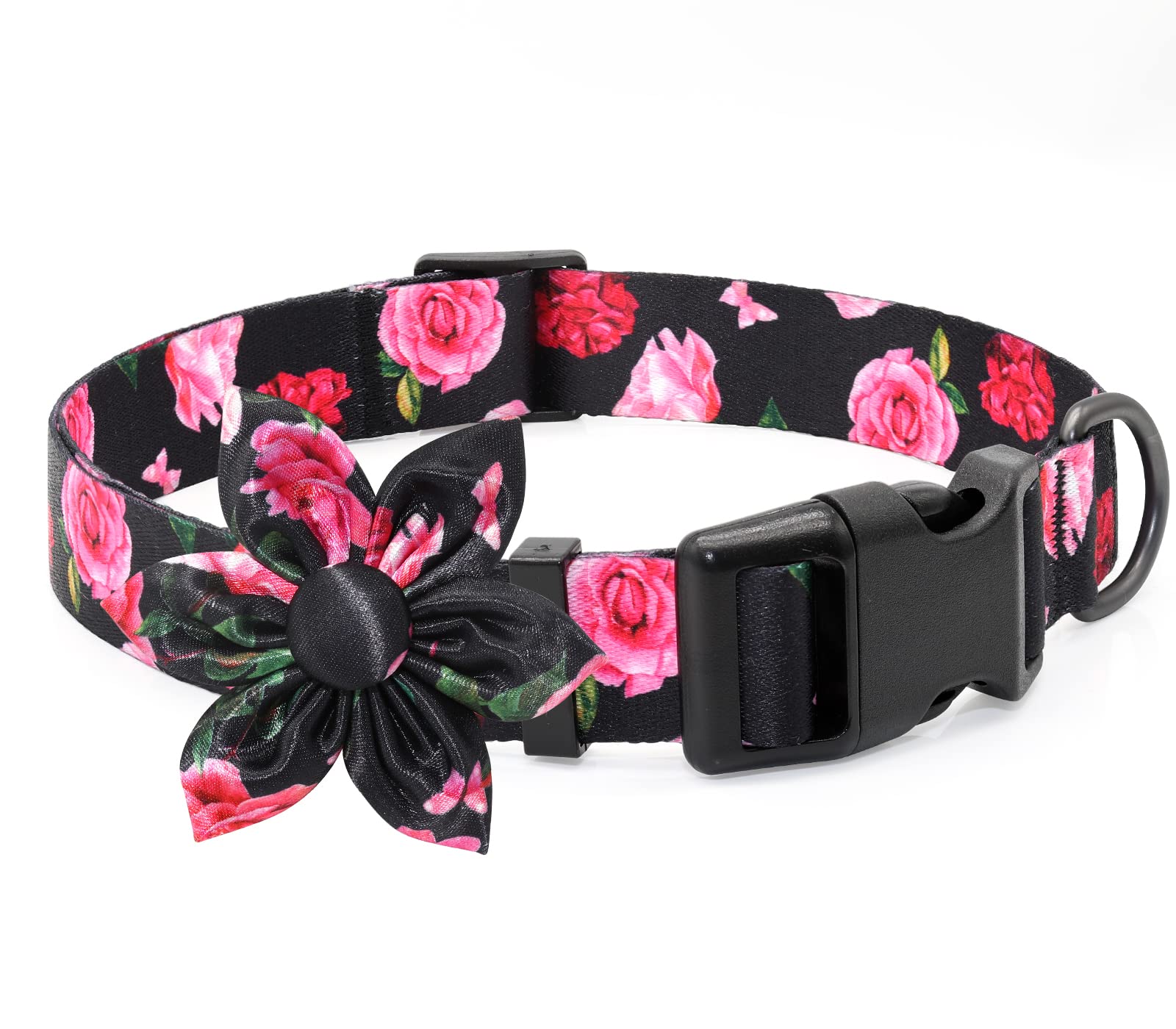 Floral Girl Pink Dog Collar With Rose Flower Bow Tie For Cute Female Cats & Dogs - Small To Large Sizes