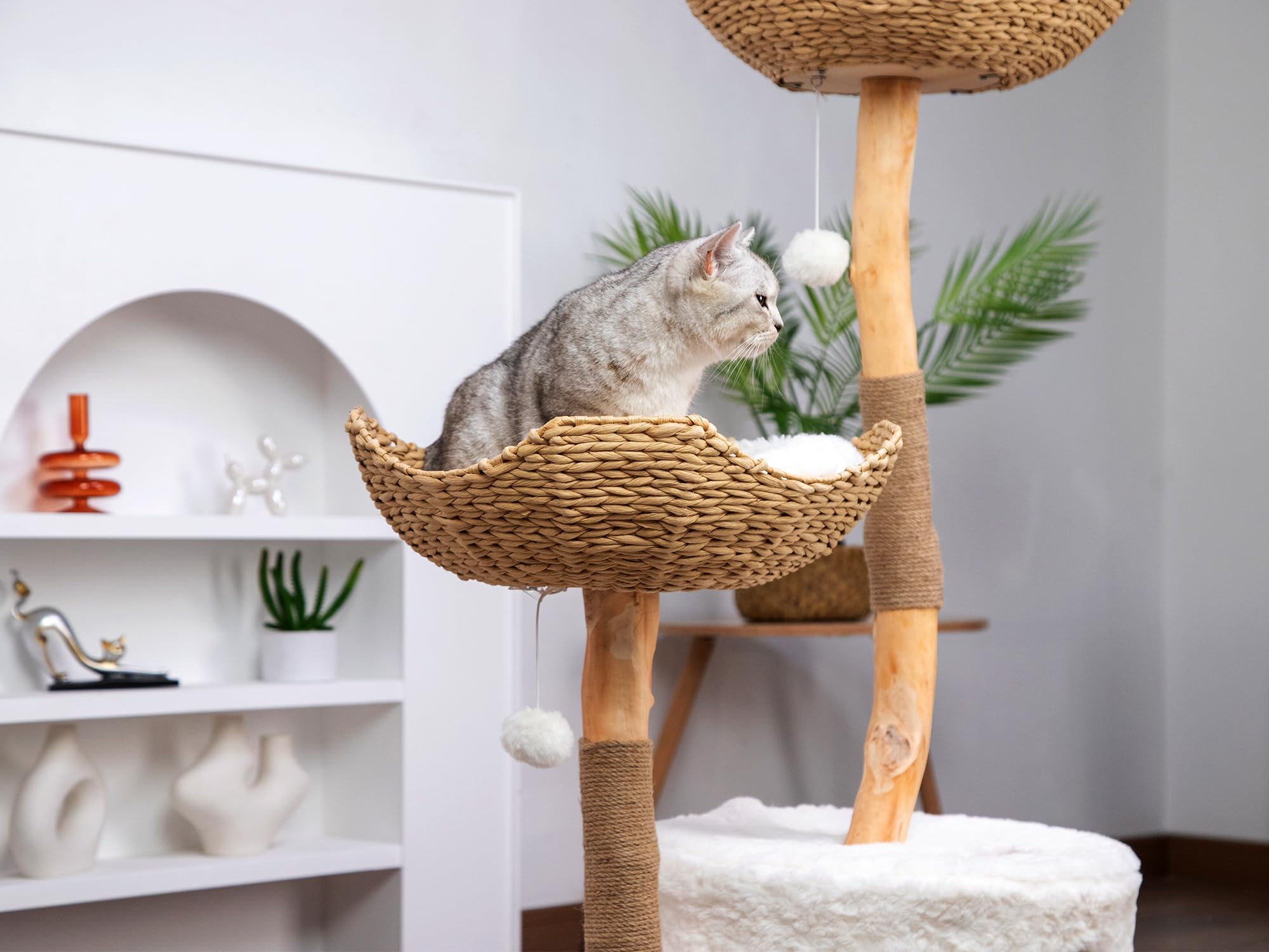 U-Moving 46 Natural Wood Cat Tree For Large Cats - Modern Feline Tower With Scratching Posts, Real Branch Design & Luxury Gift
