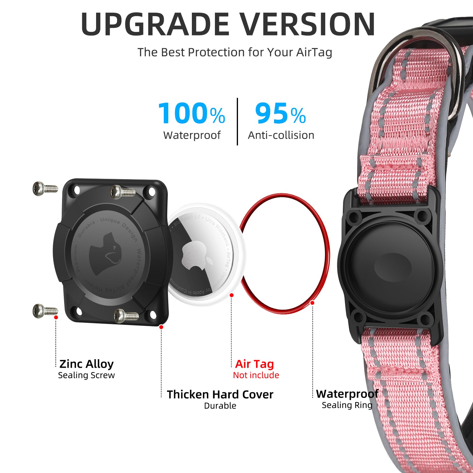 Upgraded AirTag Dog Collar, Collar with Thickened Airtag Holder IPX7 Waterproof, Enhanced Reflective, Soft Padded, Heavy-Duty Ap