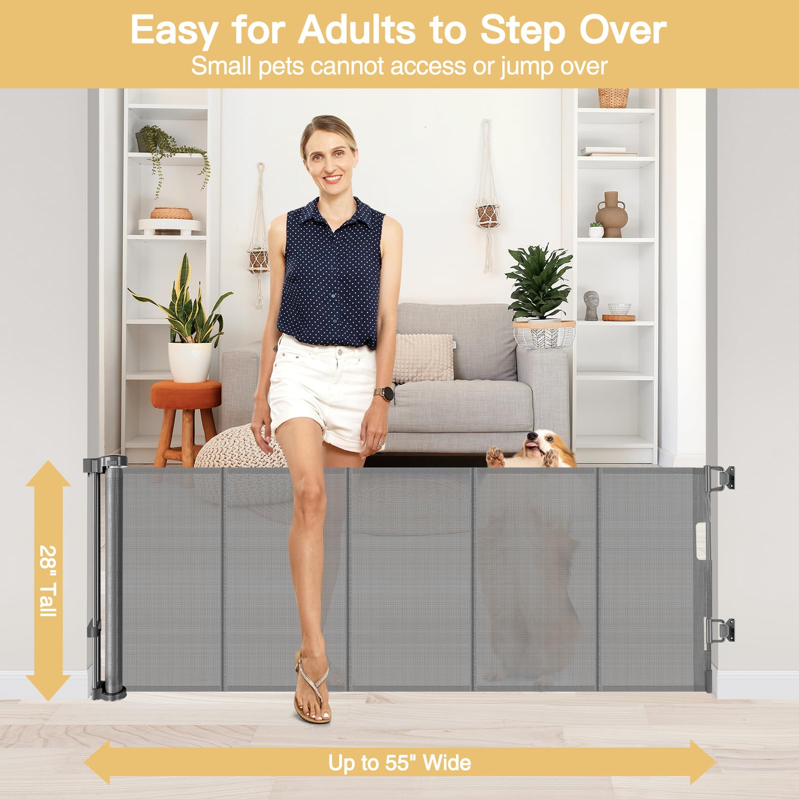 Reinforced 28-Inch Tall Retractable Baby Gates for Doorways, Walk Through Pet Gate for Stairs, Short Baby Gate with Support Rods