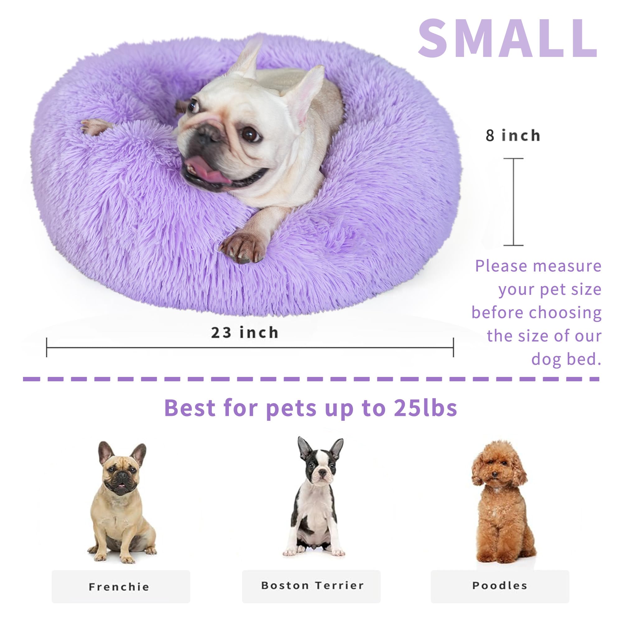 Purple Dog Bed Medium Size Dog 23 Inch Anti-Anxiety Donut Dog Cuddler Bed, Warming Cozy Soft Dog Round Bed, Fluffy Faux Fur Plush Dog Cat Cushion Bed For Small Medium Dogs And Cats