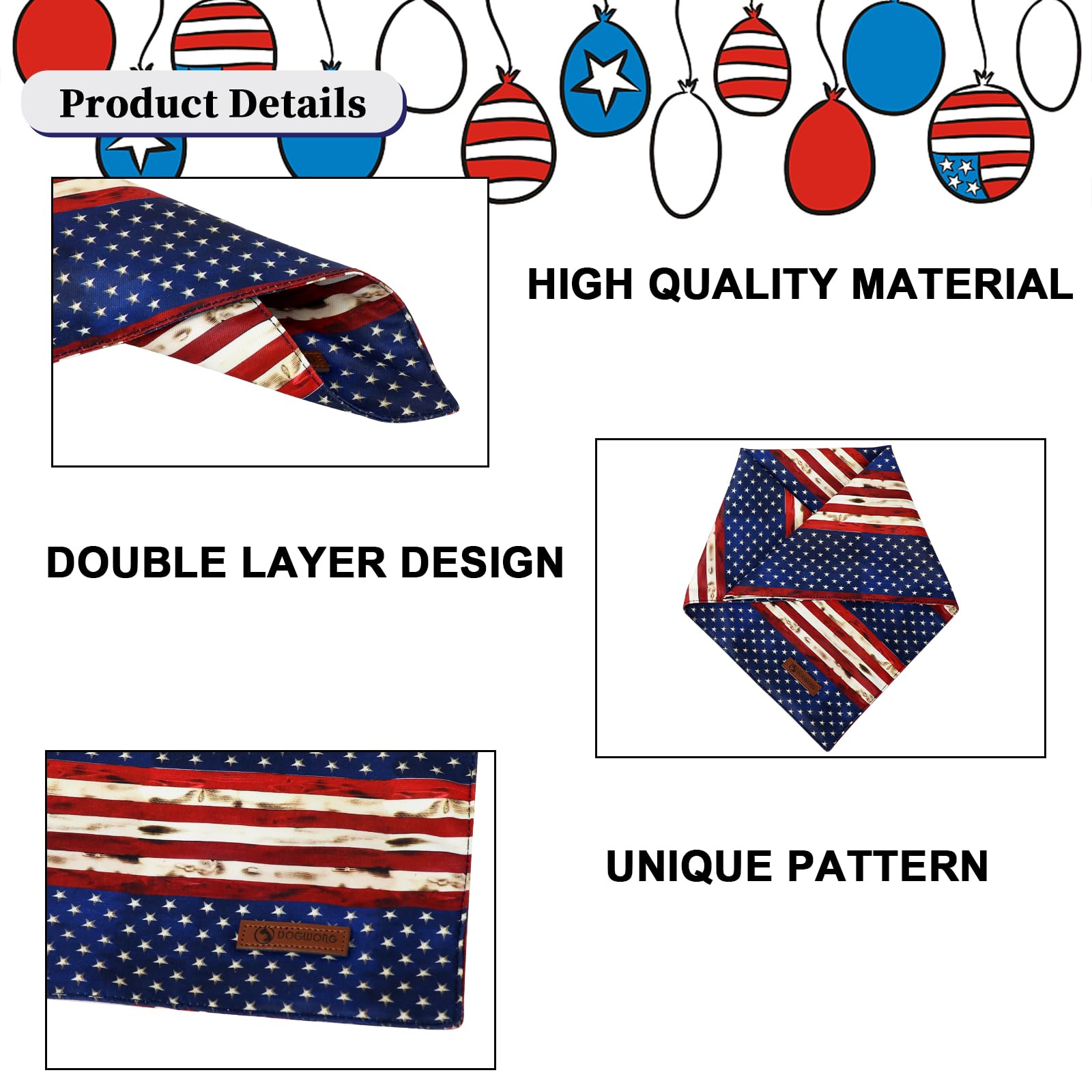 Dogwong American Flag Dog Bandanas 2 Pack, 4Th Of July Triangle Reversible Independence Patriotic Pet Scarf Durable Bandana For