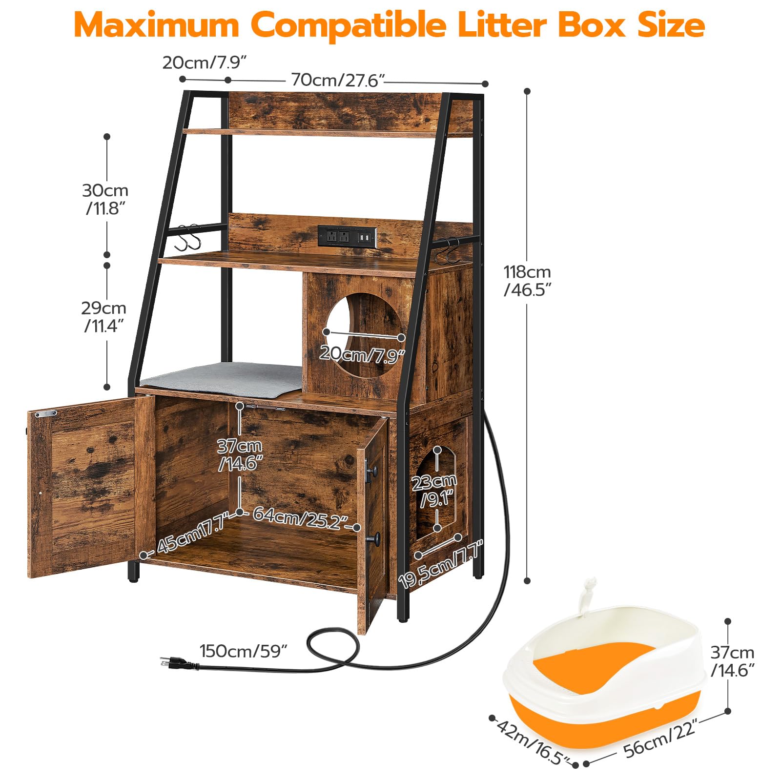 Hoobro Litter Box Enclosure With 2 Storage Shelves, Indoor Tall Cat Litter Box Furniture Hidden With Charging Station With Cat H