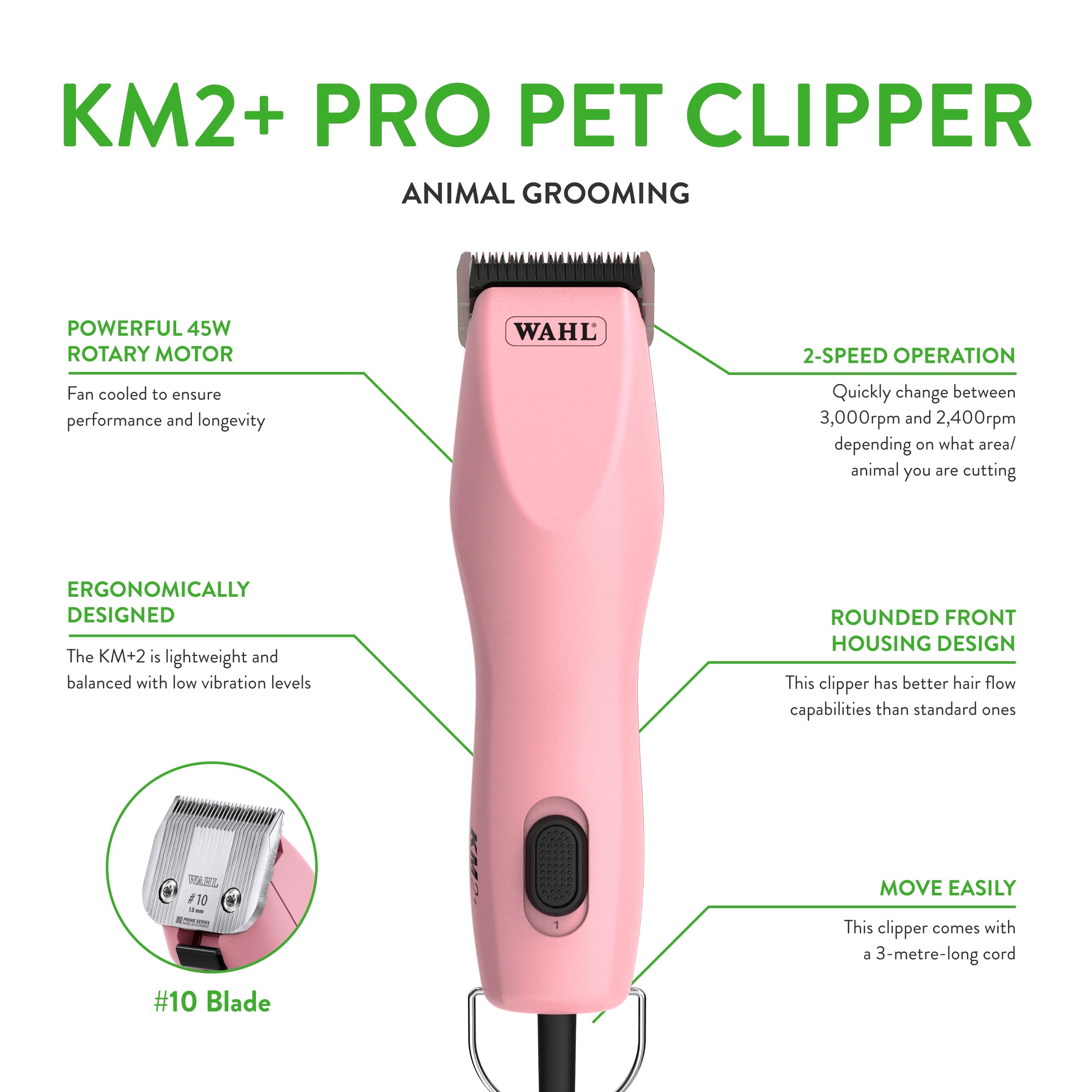 Wahl Pro Animal Km2+ Corded Clipper - Pet Clippers For Cats, Dogs & Horses - Premium Grooming Tools - 2 Speeds & 14-Foot Cord -