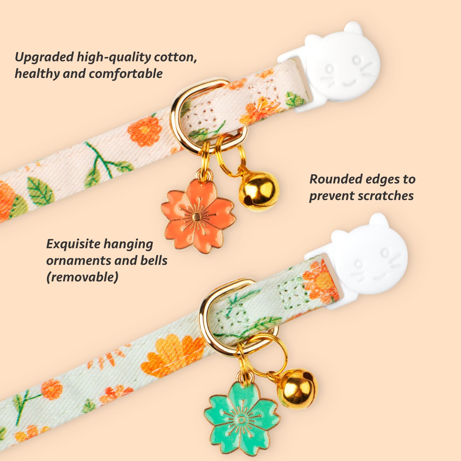 2 Pack Cotton Breakaway Cat Collar Beige And Green Flowers Pendant Cute Kitten Cat Collar With Bell