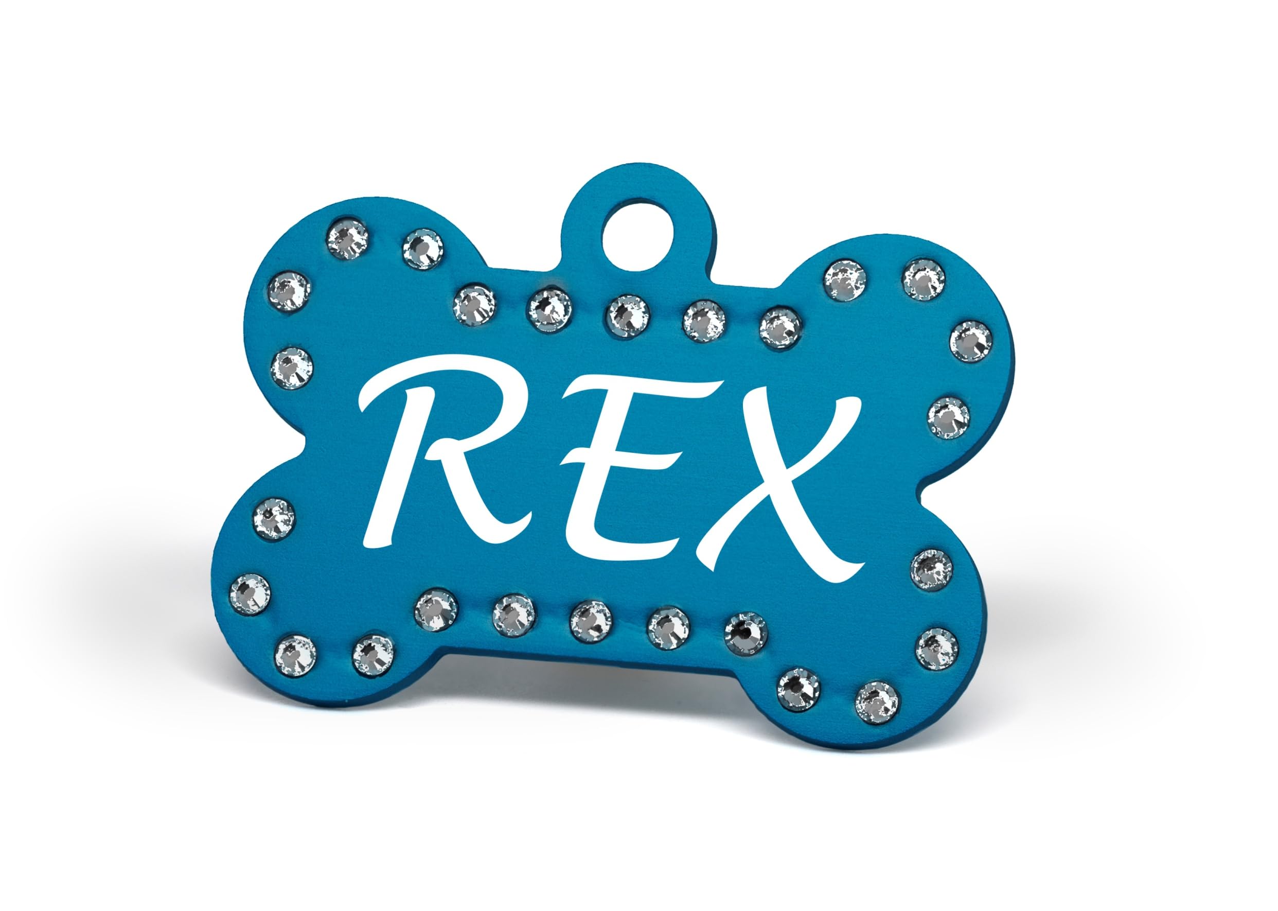 Custom Engraved Pet Id Tags With Swarovski Crystal - 1.5'' Long X 1'' Tall, Anodized Aluminum, Bone Shape, Blue