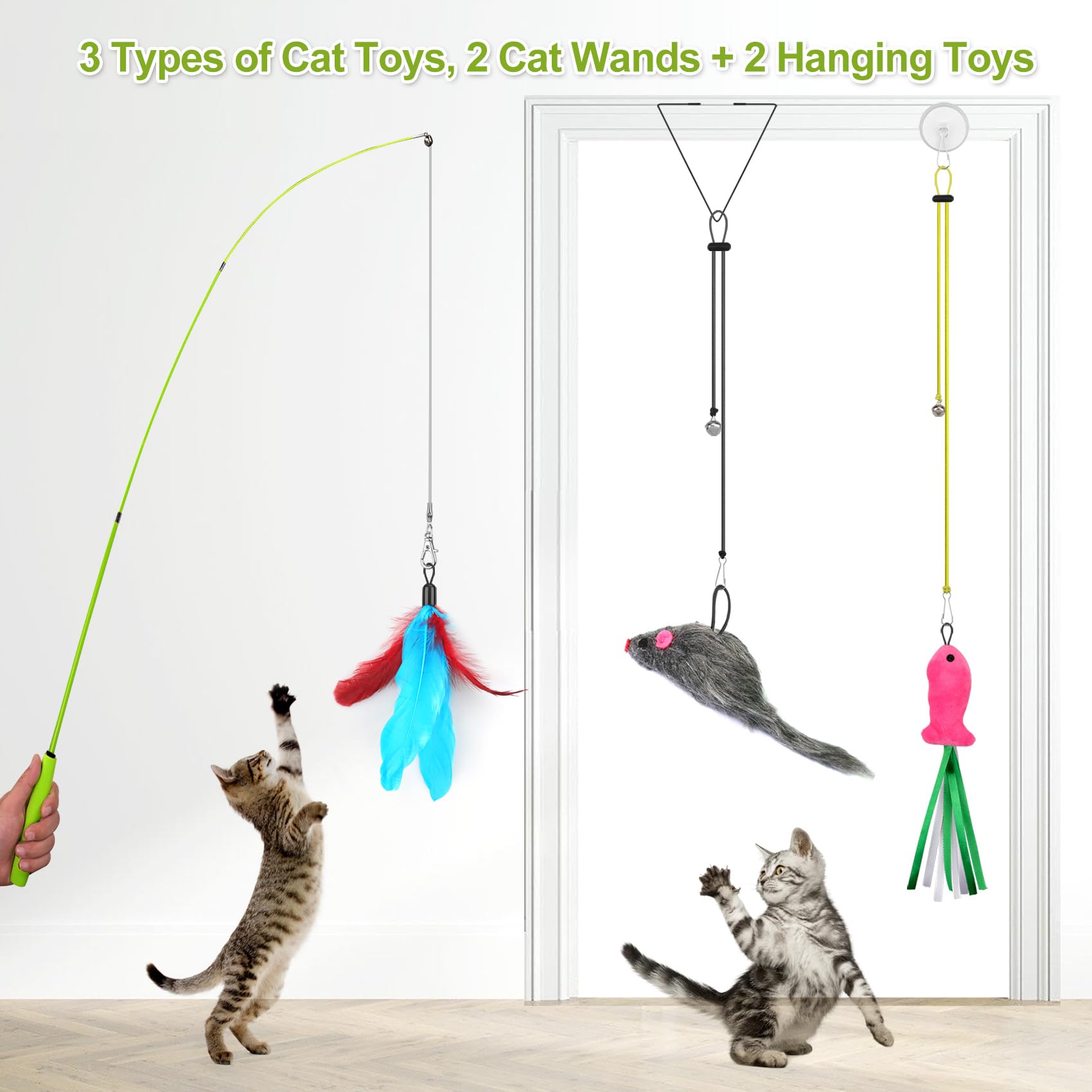 Chicwow Interactive Retractable Cat Wand & Hanging Toys For Cats - 2 Wands, 2 Hanging, 7 Teaser Cat Toys For Indoor Adult Cats K