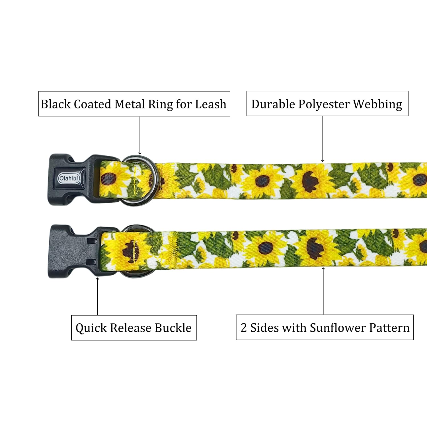 Olahibi Dog Collar Leash Set, Floral Pattern, 5Ft Matching Leash, Polyester Material, 4 For Small Medium Large Dogs.(S, Sunflowe
