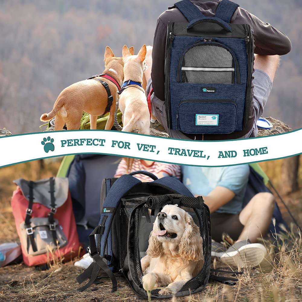 PetAmi Dog Cat Backpack Carrier, Expandable Pet Carrier Backpack for Travel Hiking, Small Medium Dog Puppy Large Cat Carrying Backpack, Airline Approved Ventilated Soft Back Support, 18 lbs, Navy -Like New