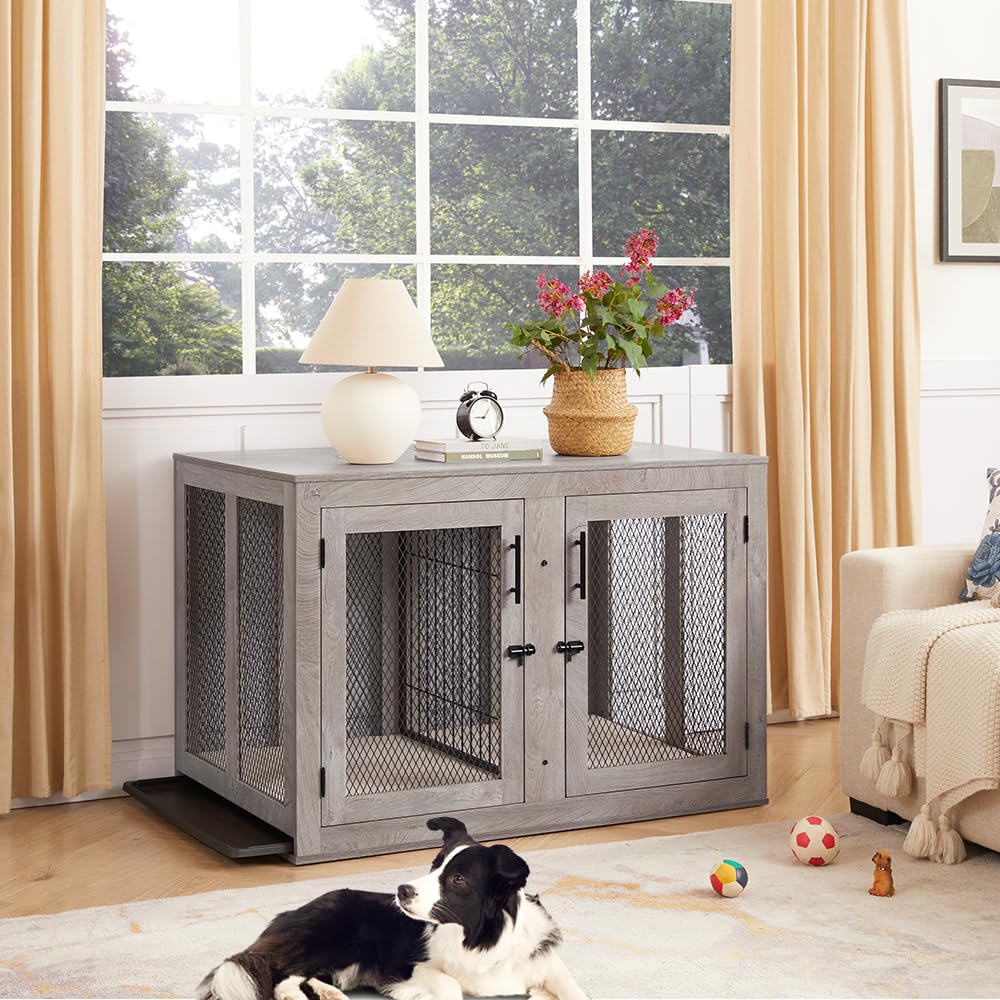 unipaws 46.7 Extra Large Dog Crate Furniture with Divider for 2 Dogs, Wooden Dog Kennel for XLarge Breed, XL Wood Dog Cage, End