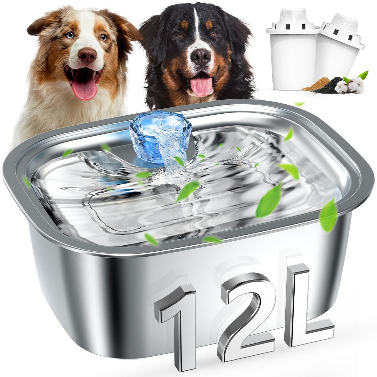 3 Gallon Dog Water Fountain For Large Dogs, 12L Stainless Steel Pet Water Fountain Inside, Automatic Dog Water Bowl Dispenser Do