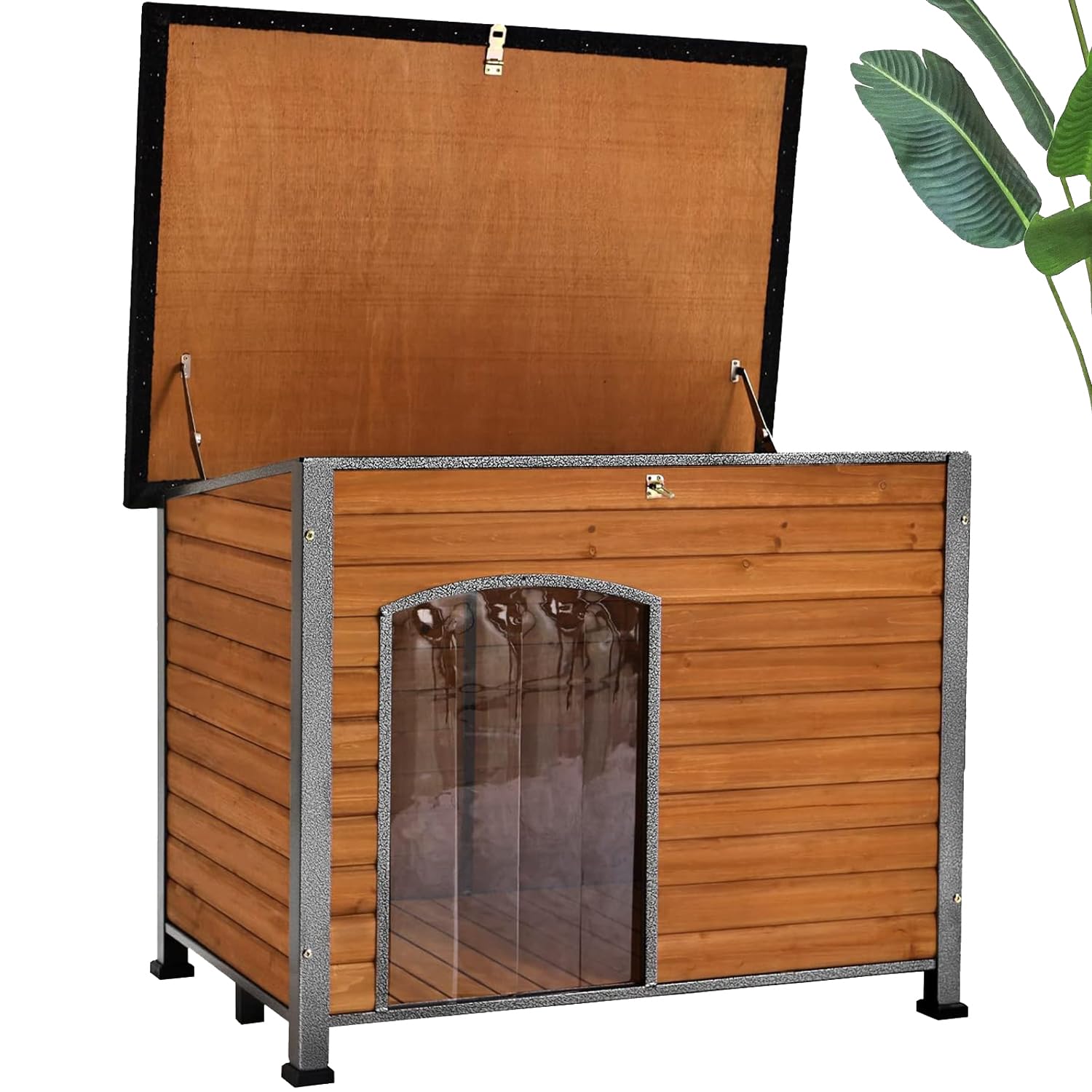 Dog House Outdoor Insulated Dog House For Small Medium Large Dogs, Natural Wood With Iron Frame, Waterproof Roof Raised Feet