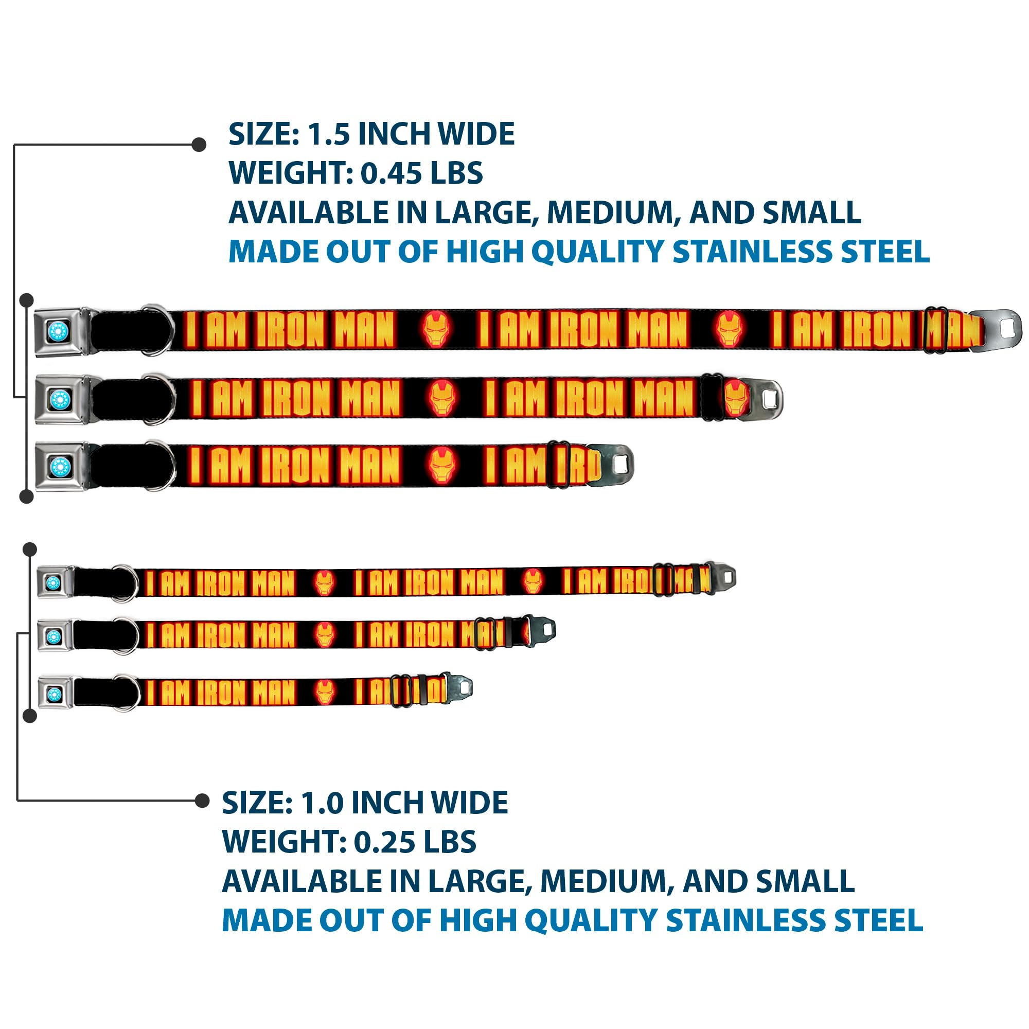 Buckle-Down Seatbelt Buckle Dog Collar - Iron Man Face/I Am Iron Man Black/Yellow Glow - 1.5'' Wide - Fits 16-23'' Neck - Medium
