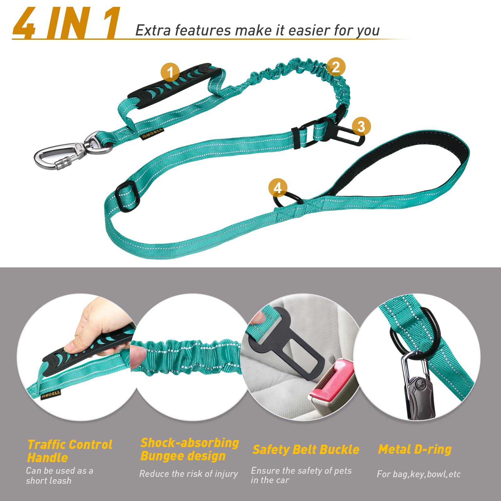 AUBELL Heavy Duty Reflective Dog Leash with Padded Handle, 4FT/6FT, for Large & Medium Dogs, Teal, Nylon, Tactical Design