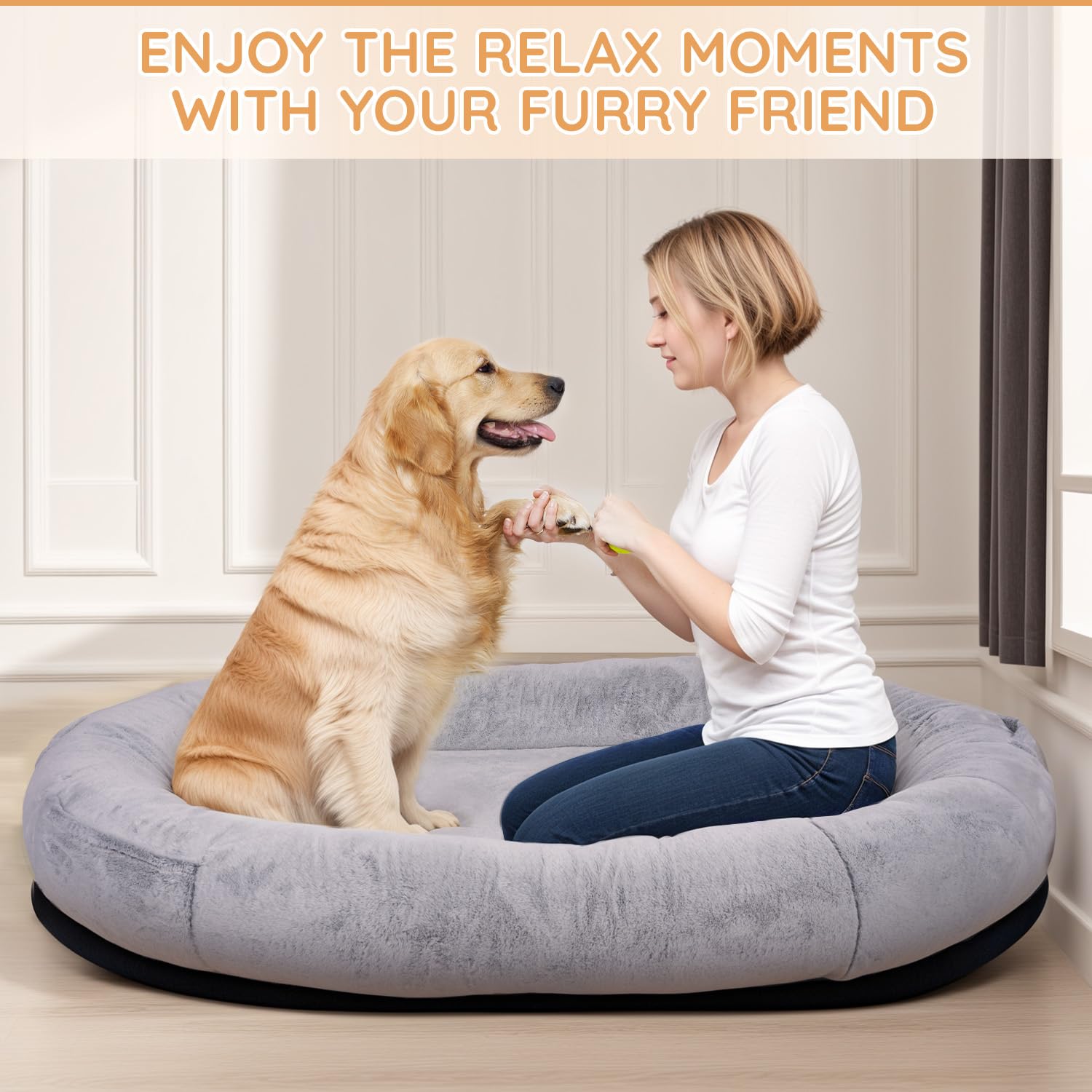 Human-Sized Dog Bed, 71'X45'X14', Washable Faux Fur Orthopedic Bean Bed With Storage Pocket, Grey