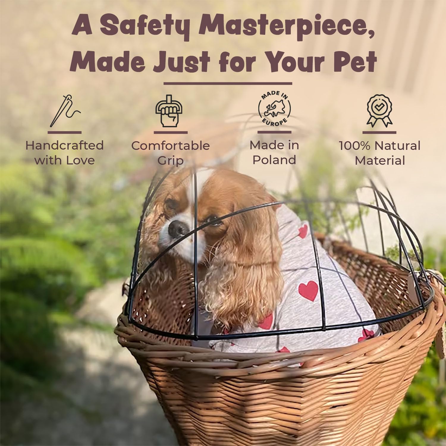 Wiklibox Natural Wicker Dog Bike Basket - 100% Organic Rattan Pet Carrier With Protective Grille - Eco Friendly Design - Soft Co