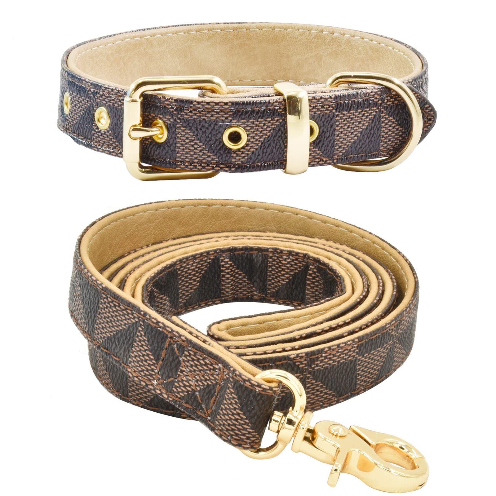Leather Dog Collar And Leash Set, Check Pattern Dog Collar Leashes Metal Buckle Adjustable Durable For Small Medium Large Dogs (