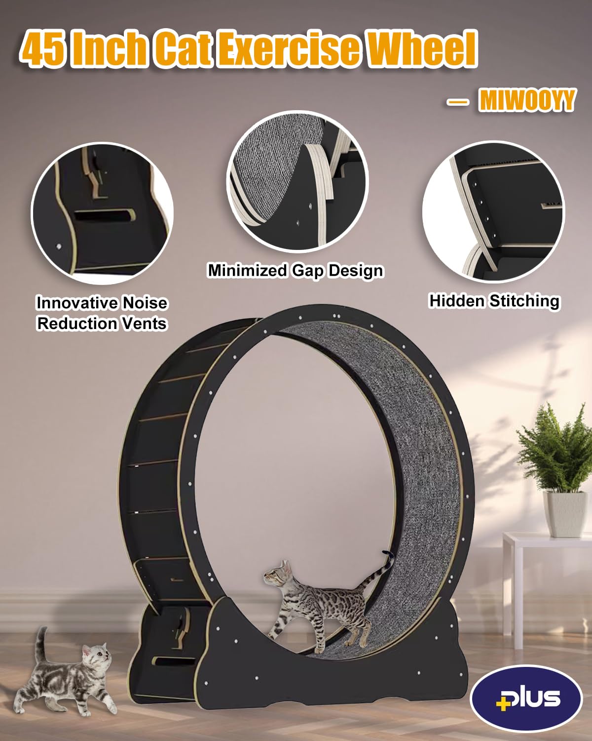 Large Cat Exercise Wheel 46 inch - Black Solid Wood Kitten Wheel Exerciser for Indoor Cats, Safety Cat Treadmill with Lock & Min