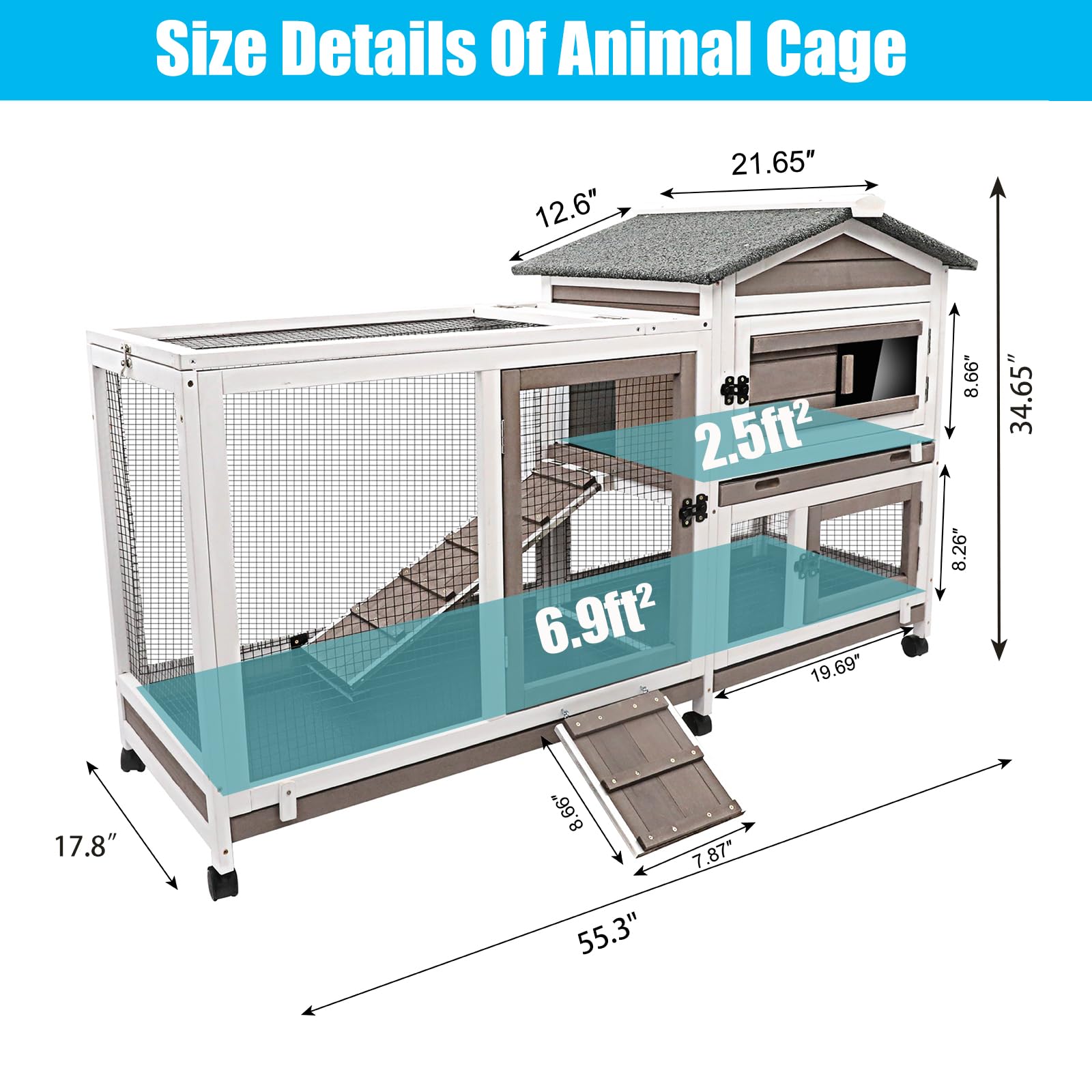Ketive Rabbit Hutch Indoor Outdoor Two Story Bunny Hutch With Wheels Guinea Pig Cage With Removable No Leaking Tray Wooden Pet H
