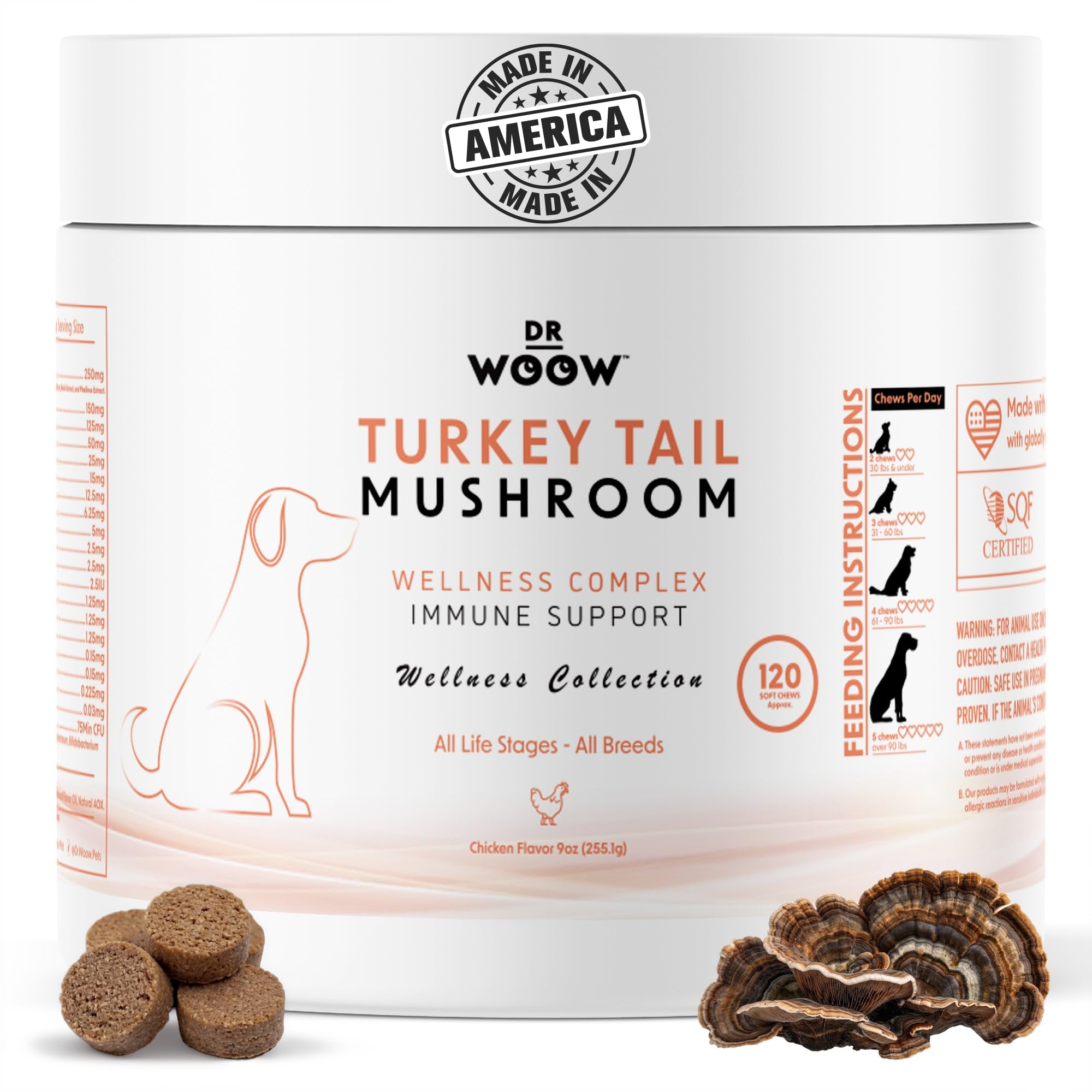 Turkey Tail Mushroom Chews for Dogs (120 Soft Chews) - Immune Support & Gut Health - 7 Mushroom Blend, Salmon Oil & Probiotics -