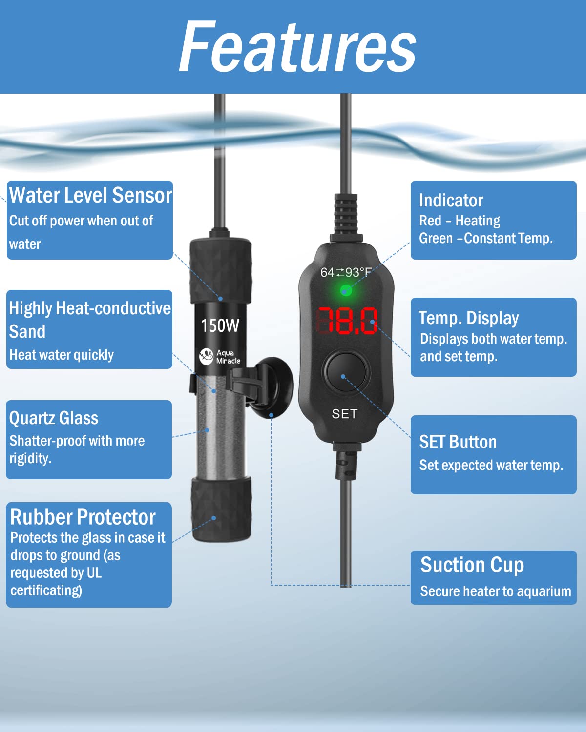 Aquamiracle Adjustable 150W Aquarium Heater Submersible Fish Tank Heater Super Short Aquarium Heater With Led Digital Display Thermostat, For Tanks 15-30 Gallons
