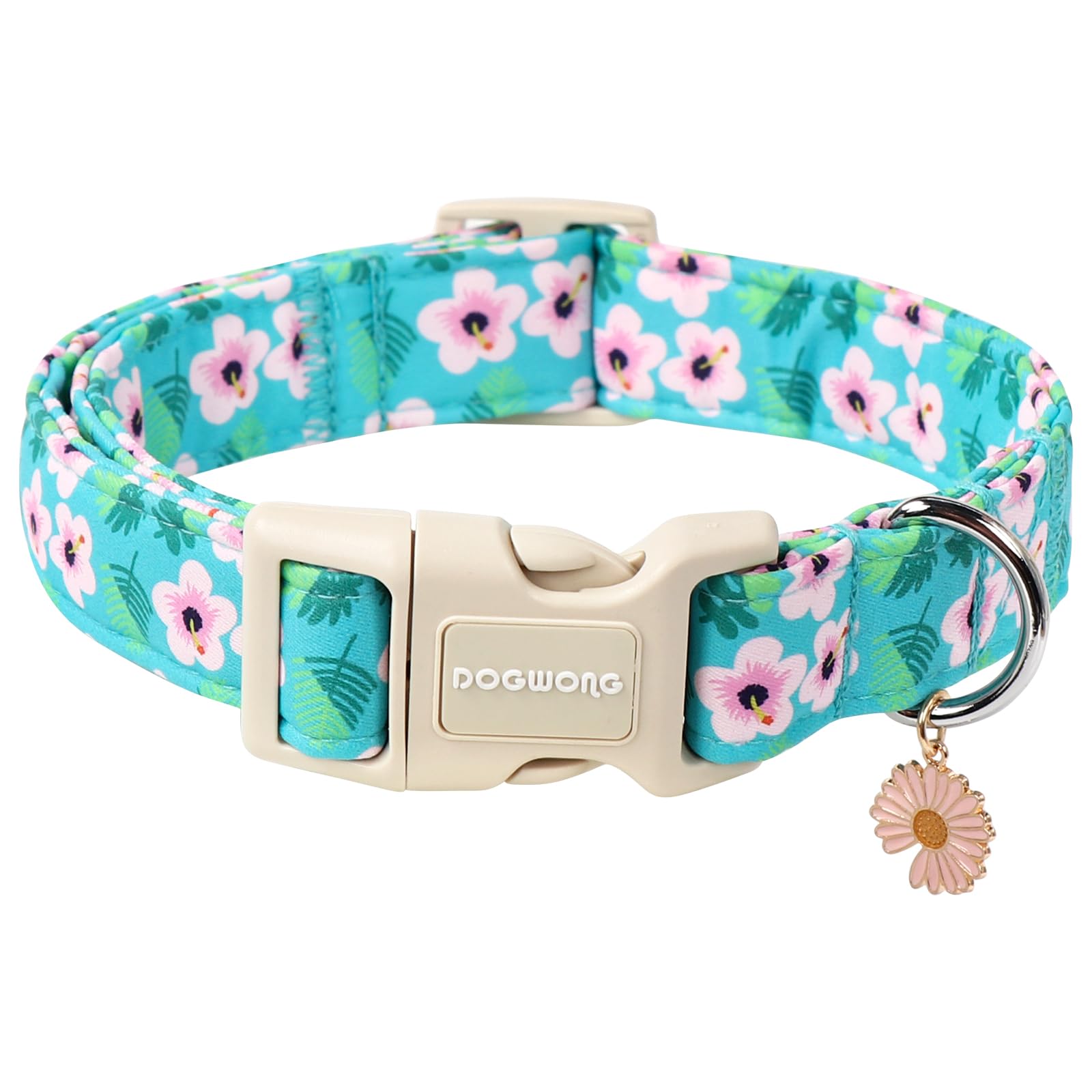 Dogwong Spring Floral Cotton Dog Collar, Pink Flower Dog Collar Durable Soft Fabric Pet Dog Collars Cute Beachy Girl Female Pupp