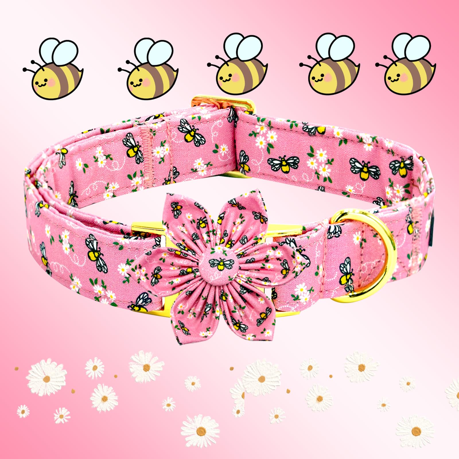 Elegant Little Tail Dog Collar, Spring Dog Collar With Flower Cute Bees Print Cotton Soft Female Male Pet Collar Flower Dog Coll