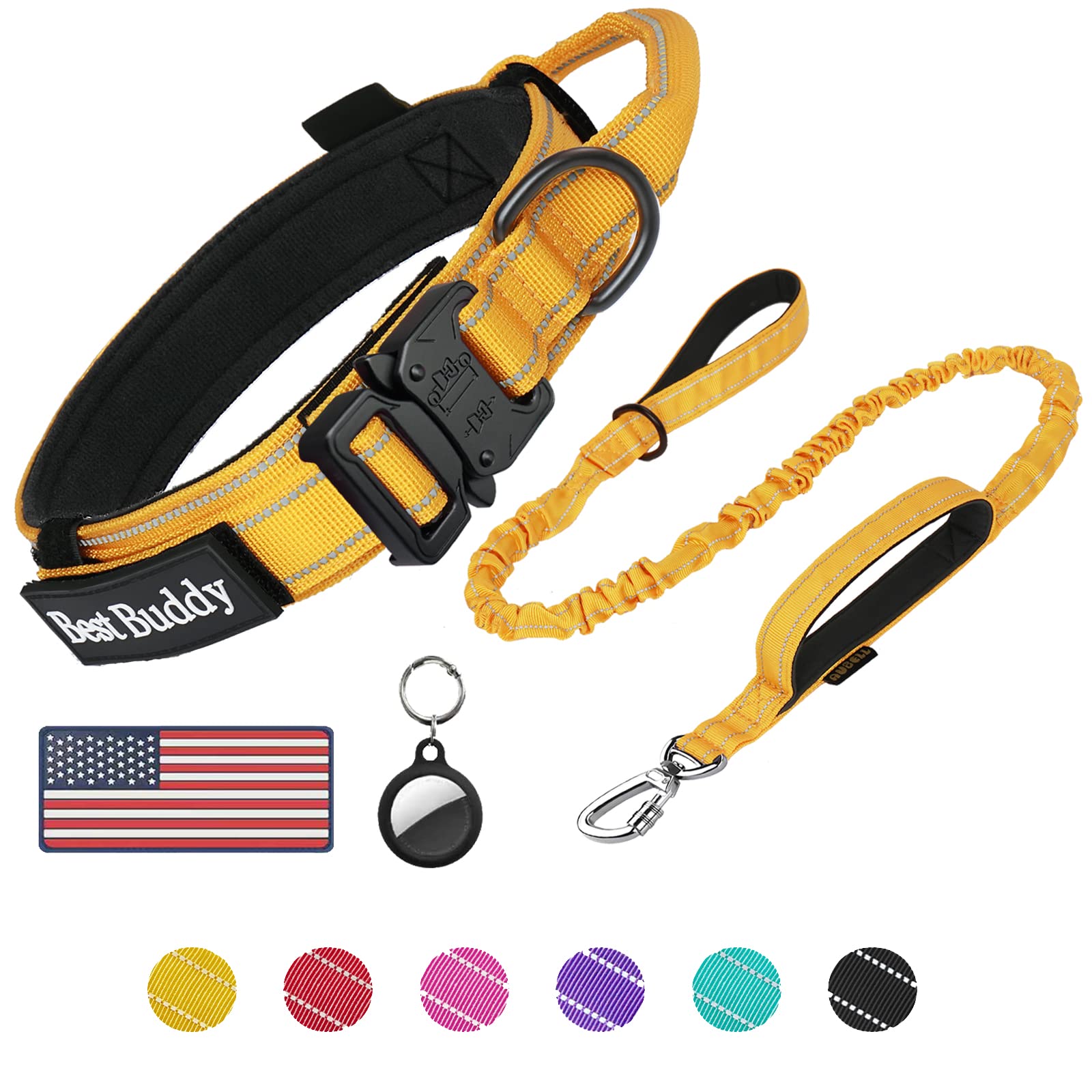 AUBELL Tactical Dog Collar and Leash Set, Reflective Adjustable Heavy Duty Military K9 Collars with Handle and Metal Buckle for 