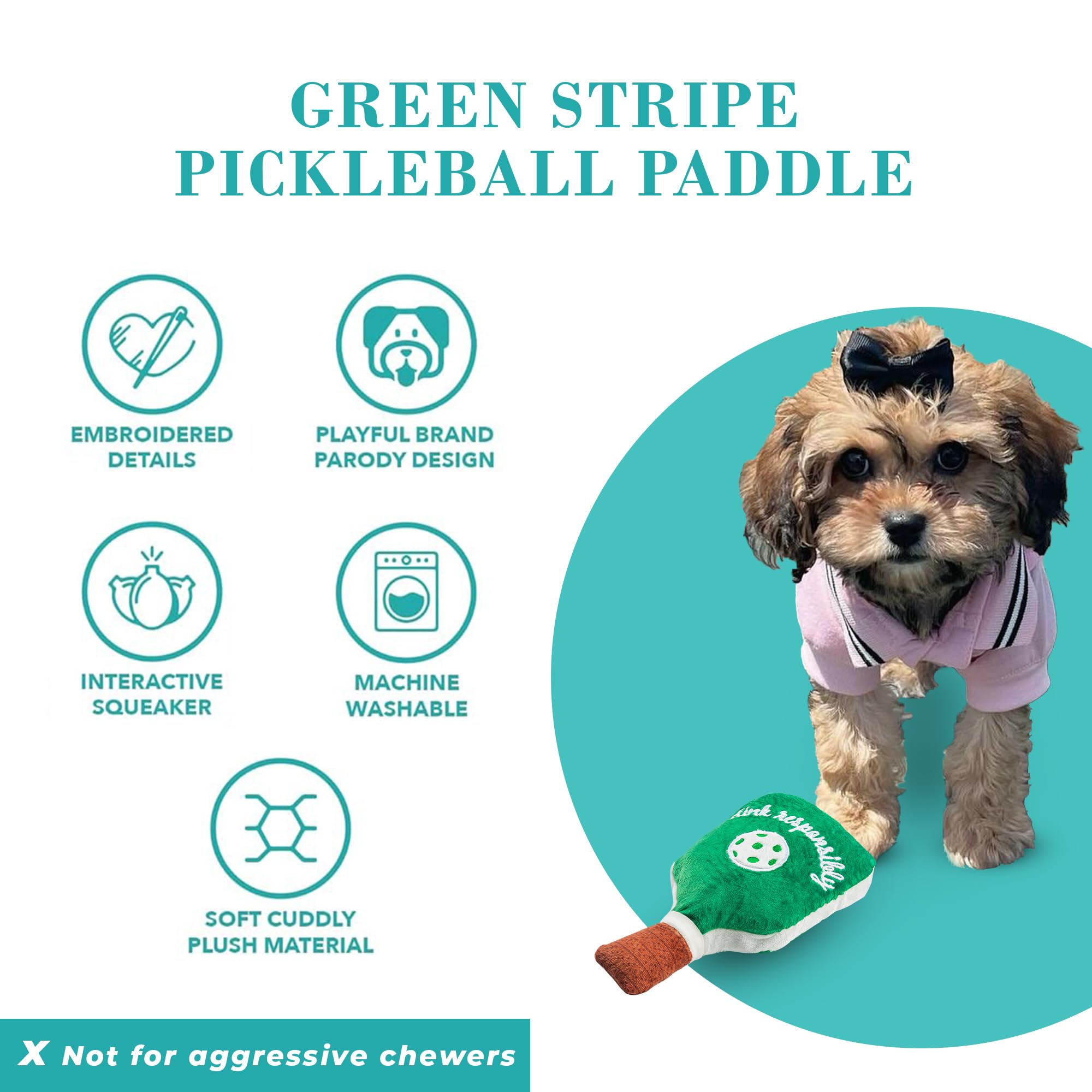 Haute Diggity Dog Green Stripe Pickleball Paddle, Plush Trendy Sporty Dog Toys With Interactive Squeaker, Stimulating Pet Enrich