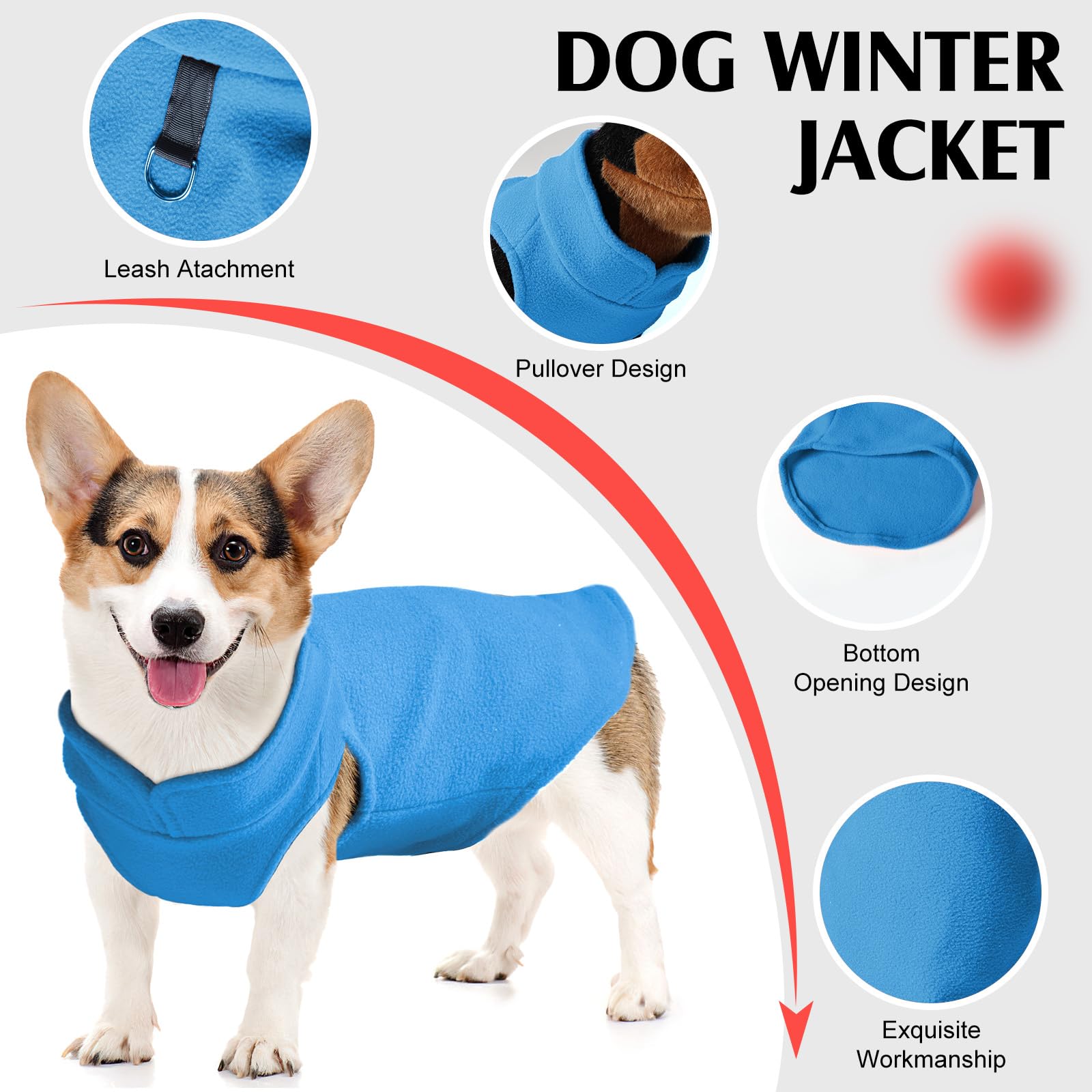 Fleece Dog Sweater Vest - Warm & Stretchy, Winter Dog Jacket With D Ring Leash (Blue, M)