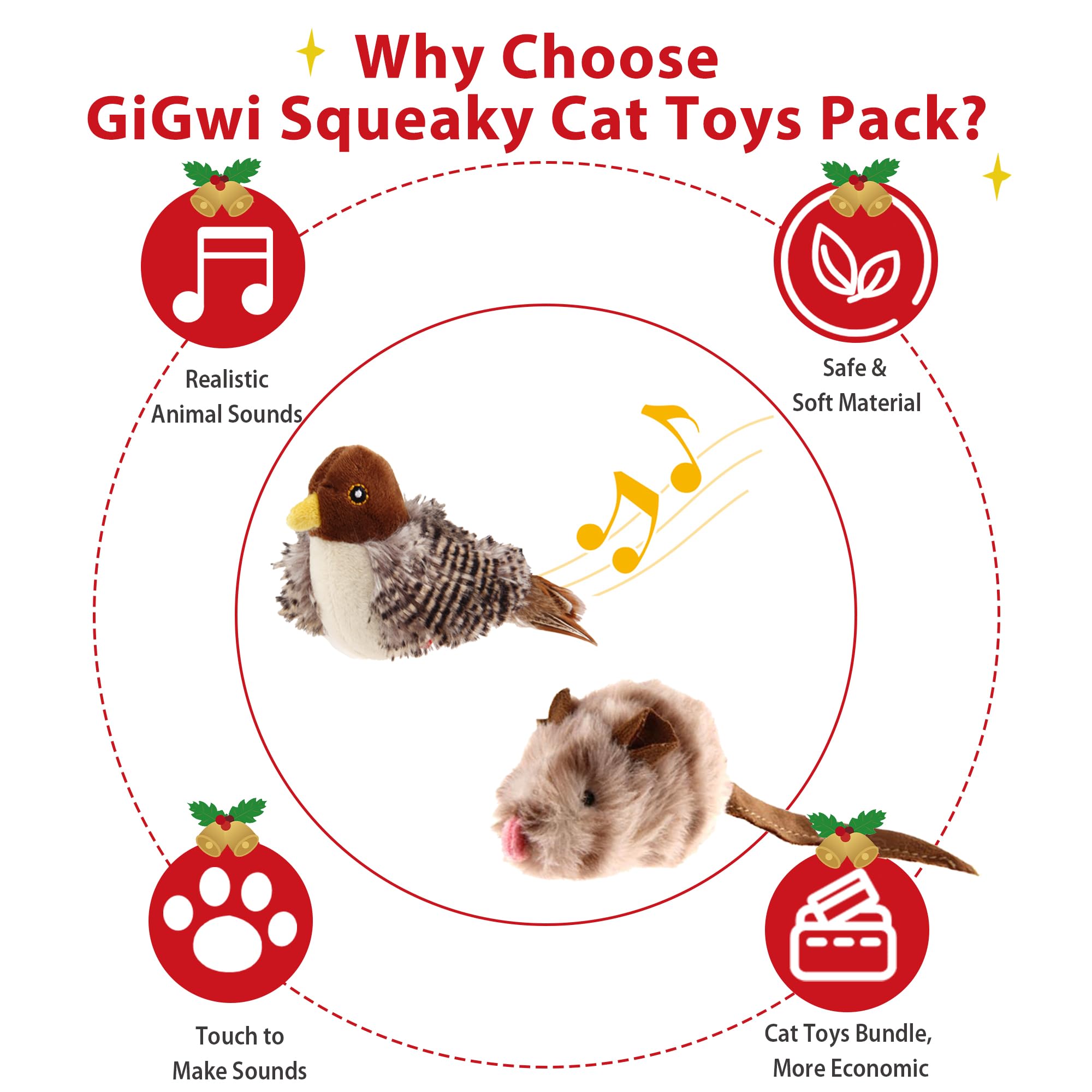 Gigwi Automatic Cat Toys Pack, Interactive Cat Toys Electronic Squeaky Animals Bird And Mouse, Plush Toys For Cats To Play Alone