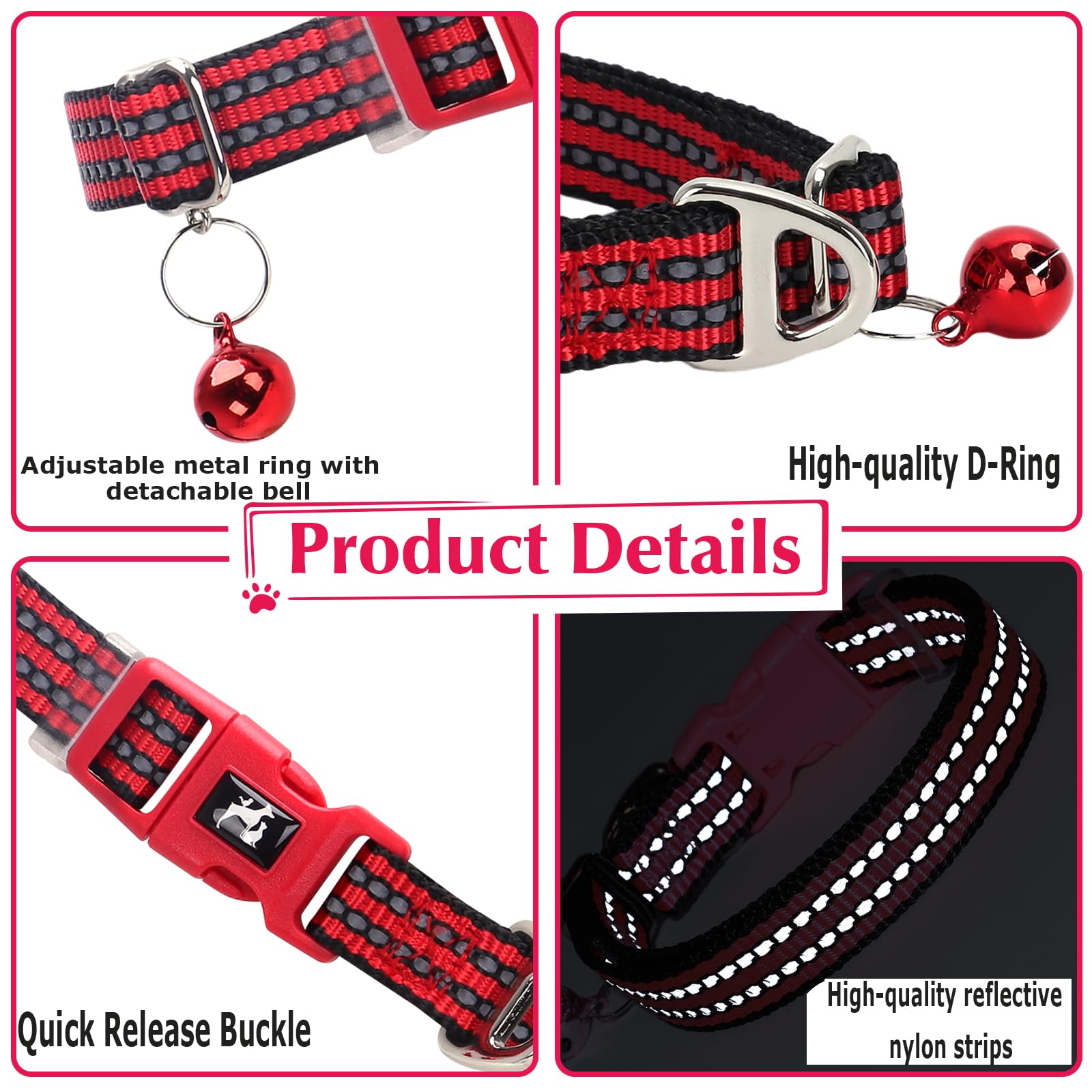 Puppy Collar With Bell - Reflective Adjustable Nylon Dog Collar For Small Dogs, Night Safety Collar For Chihuahua, Pomeranian -R