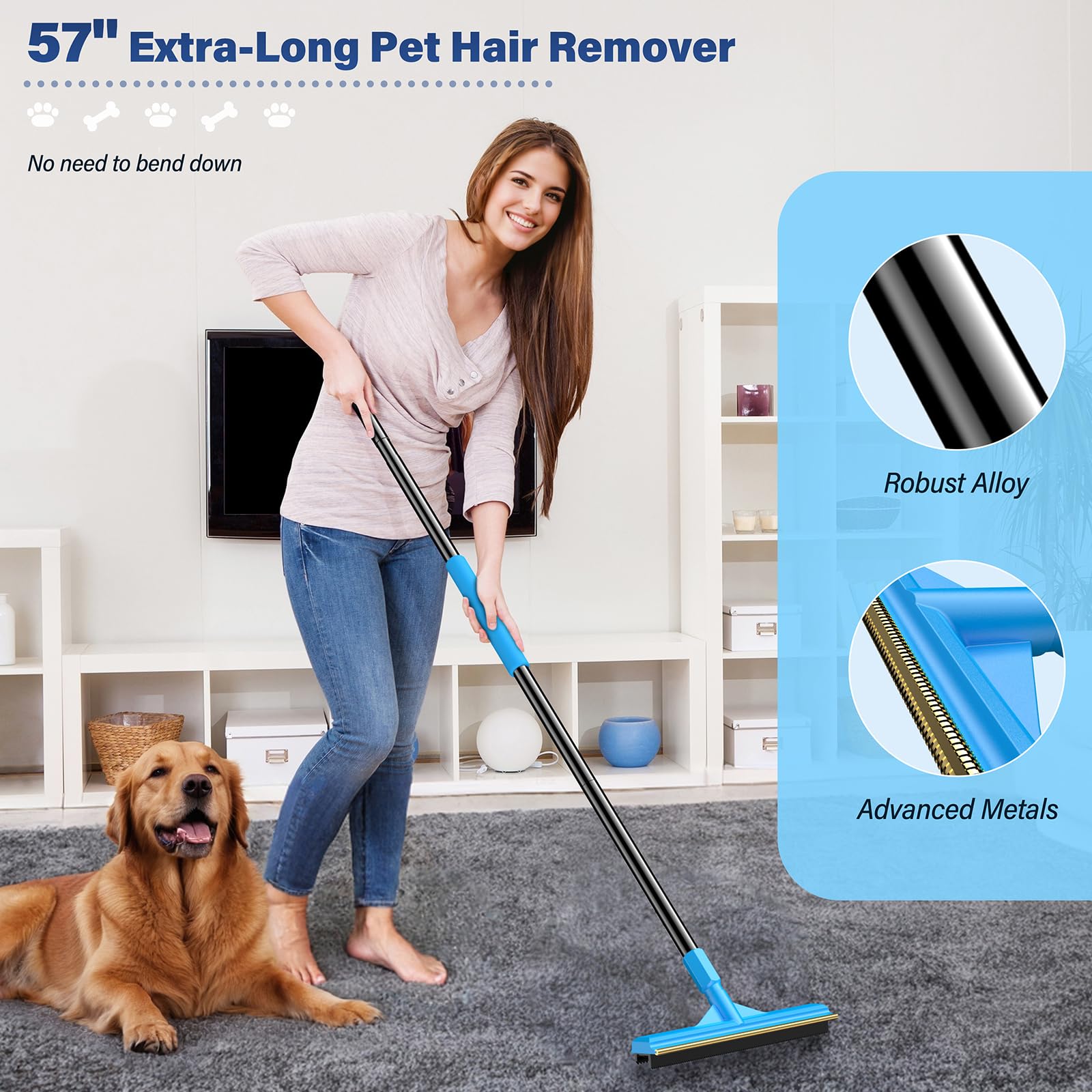 Updated Pet Hair Removal Tool, CEARKTIY Carpet Rake for Pet Hair Removal, 57 ' ' Adjustable Pet Hair Remover Broom, 2 in 1 Rubbe