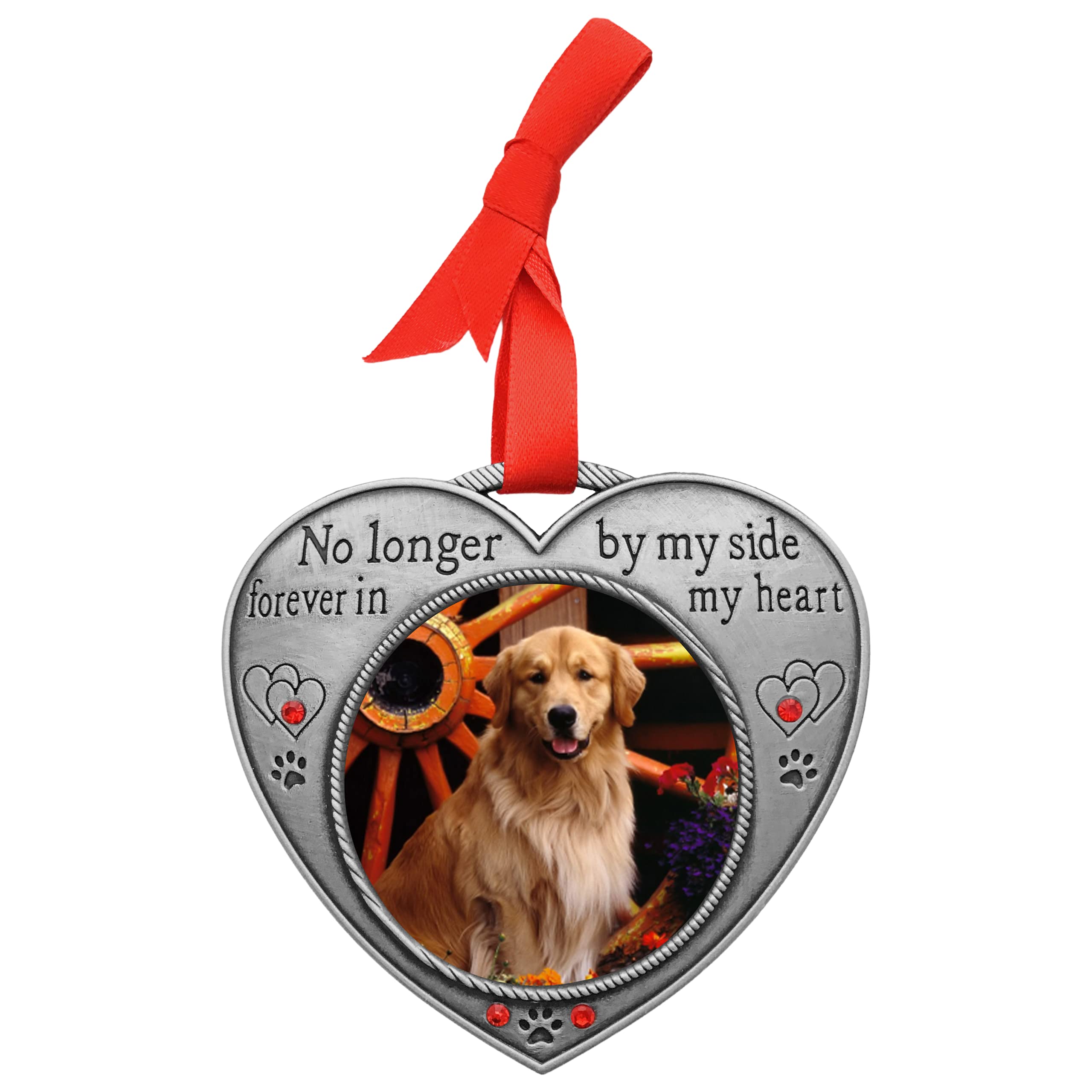 Pet Memorial Picture Christmas Ornament - No Longer By My Side - Heart Shaped Photo Frame Ornament - Loss Of A Pet - Pet Sympathy - 2 Pack - Gift/Storage Bags Included