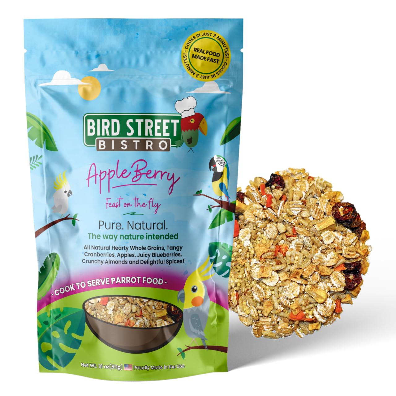Bird Street Bistro Parrot Food - Parakeet & Cockatiel Food - Cooks in 3-15 min with Natural & Organic Grains, Legumes, Non-GMO F