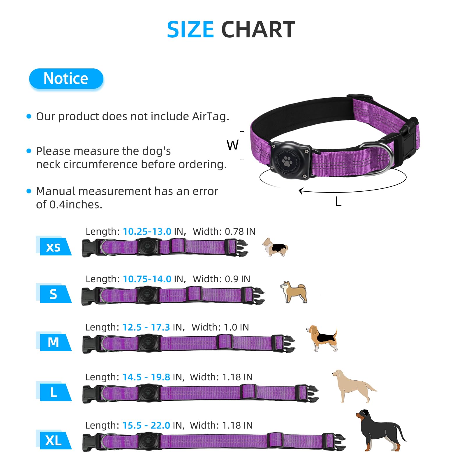Upgraded Airtag Dog Collar, Ip68 Waterproof Air Tag Dog Collar Holder, Reflective, Ultra-Durable, Comfortable Padded, Heavy Duty Dog Collars For Small Medium Large Dogs (S (10.6'-13.6'), Purple)