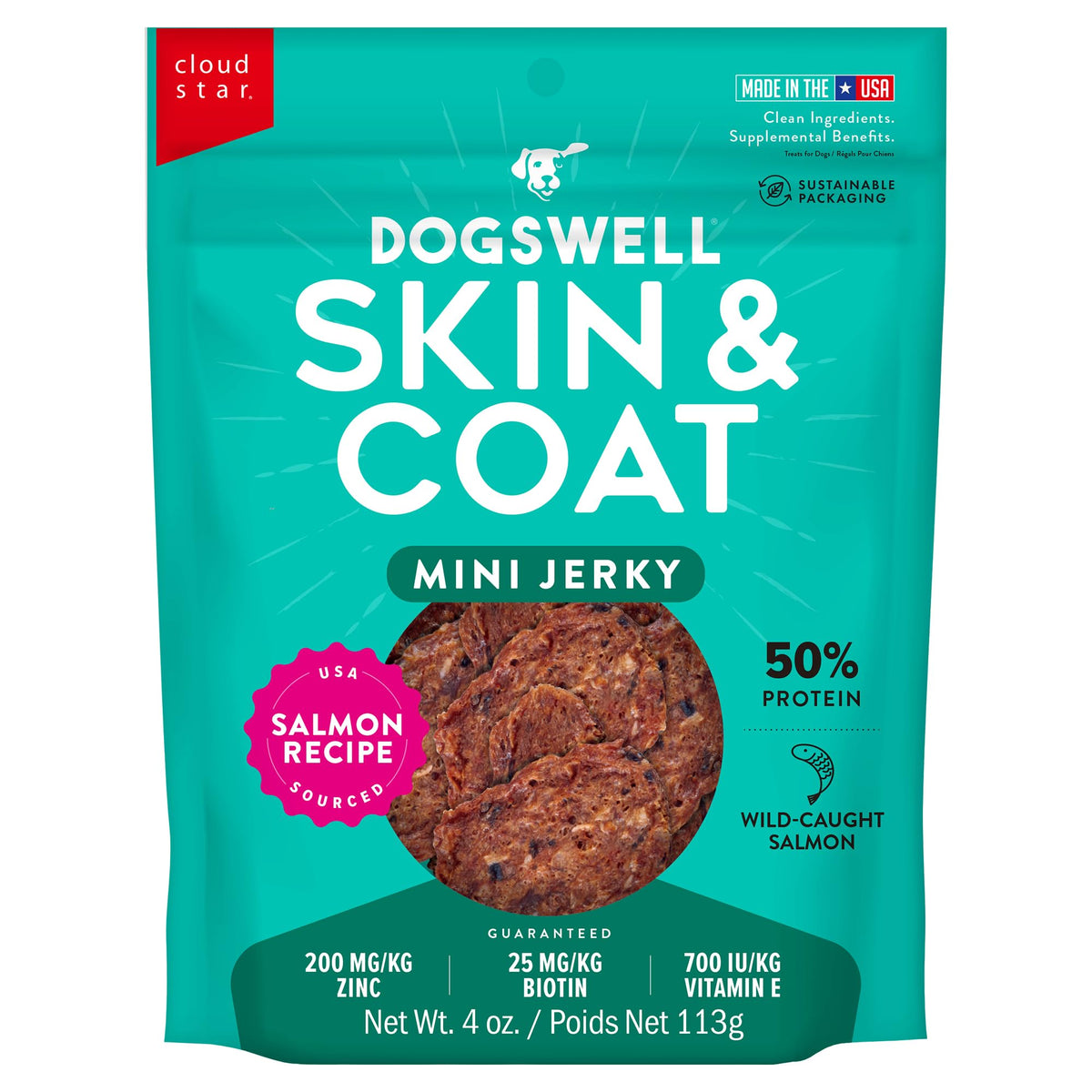 Dogswell Skin & Coat Mini Jerky Dog Treats, Salmon, 4 Oz. Bag