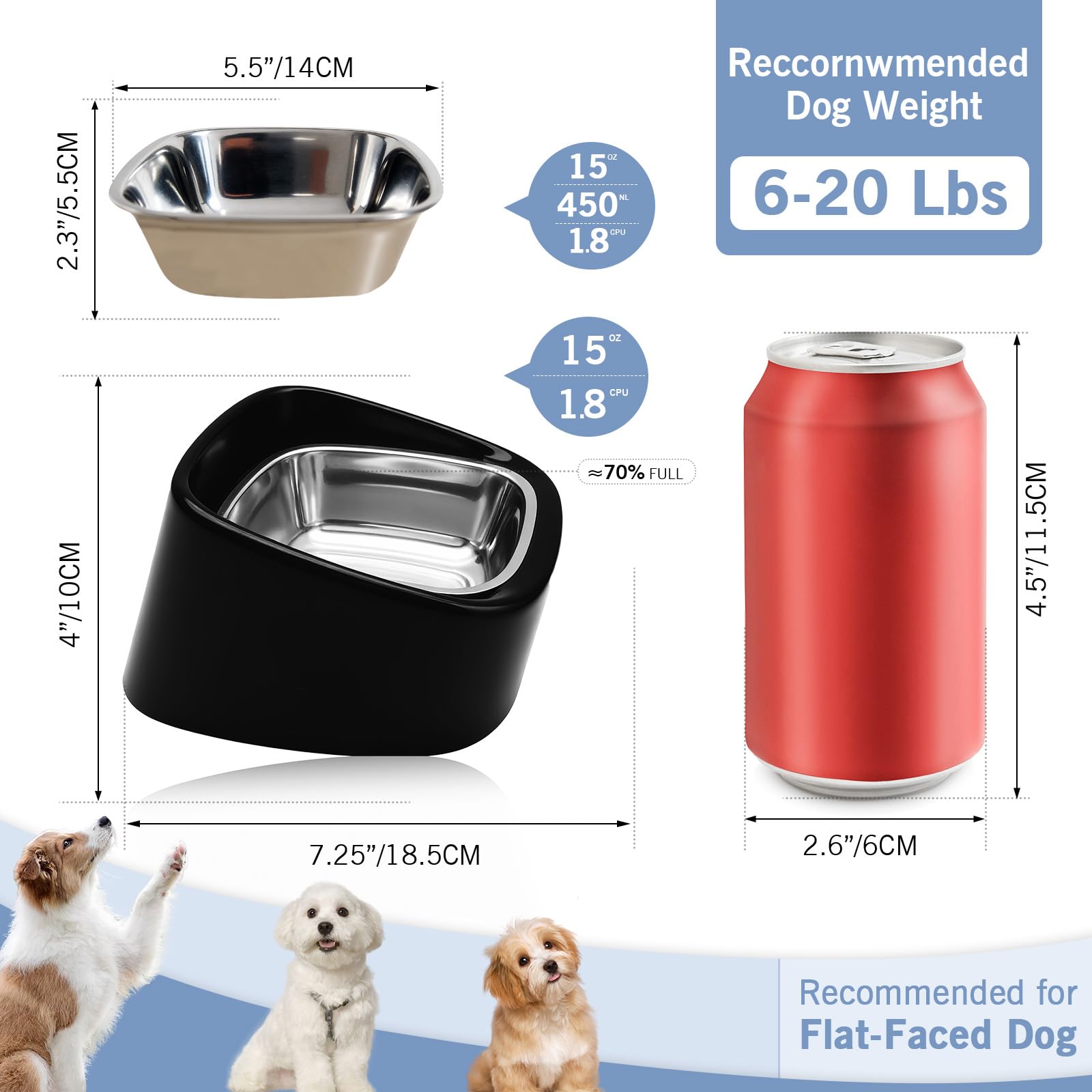 15 Elevated Pet Bowl For Small And Medium Dogs & Cats, Anti-Vomiting Tilted Stainless Steel Feeder, Easy To Clean And Non-Slip D