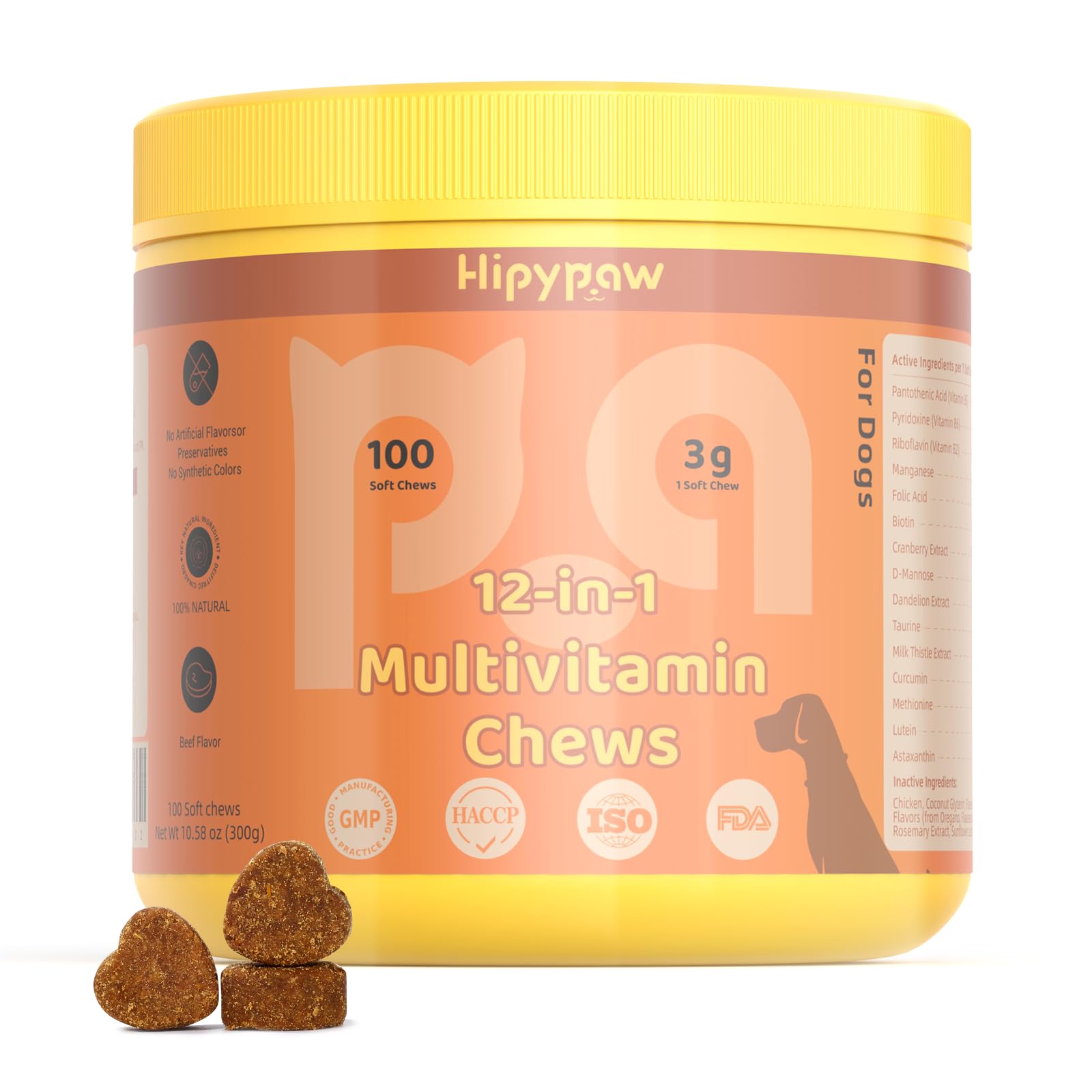 Hipypaw 12-in-1 Dog Multivitamin Chewable: Dog Vitamins & Supplements with Chondroitin Glucosmine Probiotics Omega 3 Cod Liver O